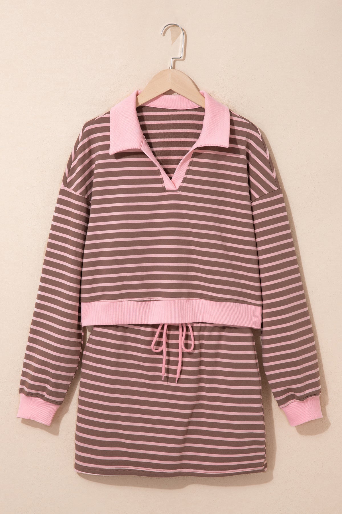 Women's Brown Stripe Striped Drawstring Waist Long-Sleeve Top Mini Skort Set