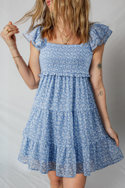 Sky Blue Floral Square Neck Flutter Sleeve Smocked Tiered Mini Dress