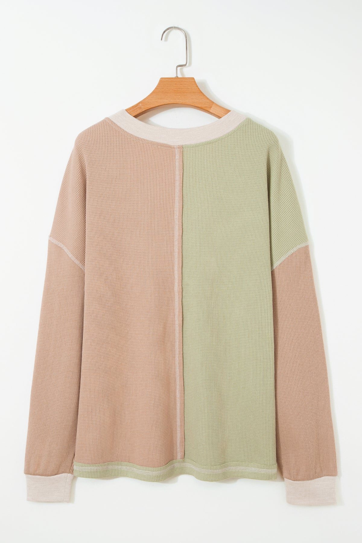 Green Plus Mixed Texture Color-Block Patchwork V-Neck Long-Sleeve Top