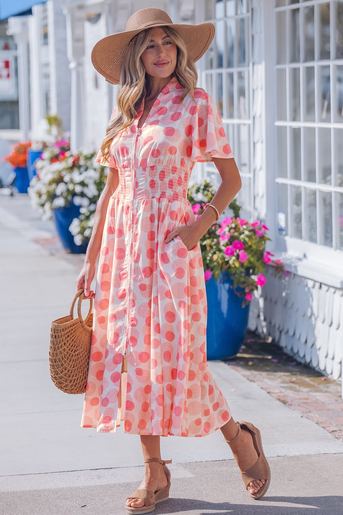 Pink Polka Dot Ruffle Maxi Dress