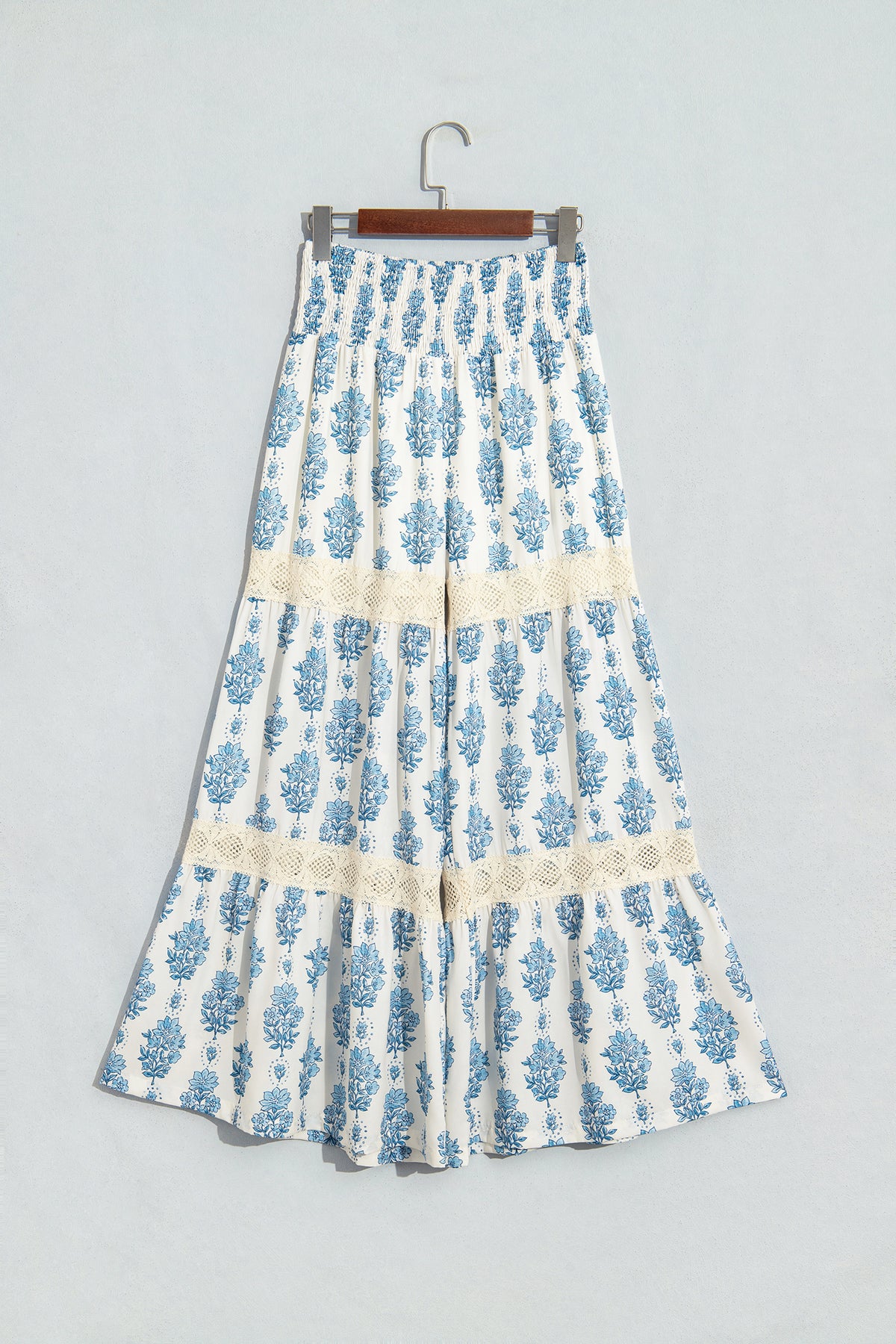 Sky Blue Floral Print Lace Patchwork Wide Leg Pants