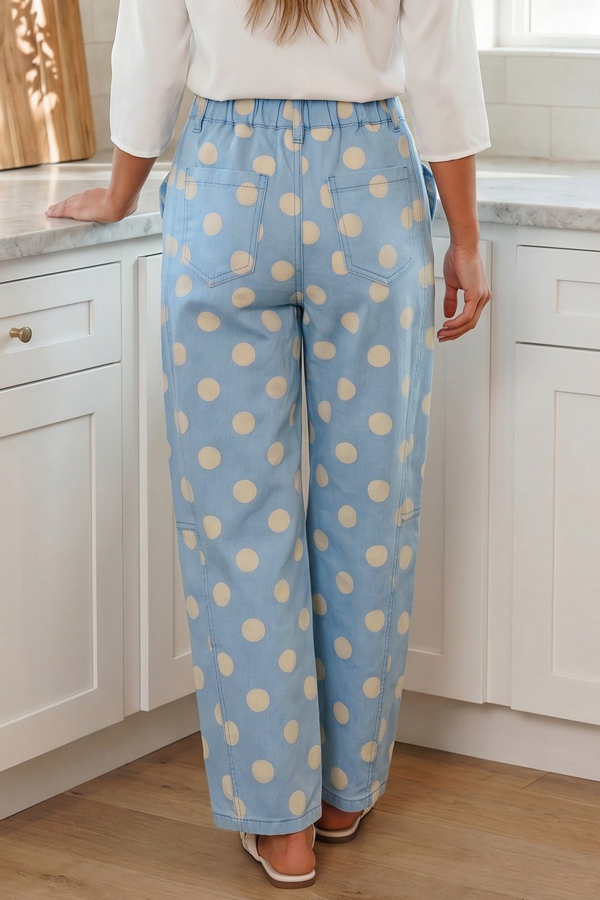 Sky Blue Polka Dot Print Bow Pocketed Barrel Jeans