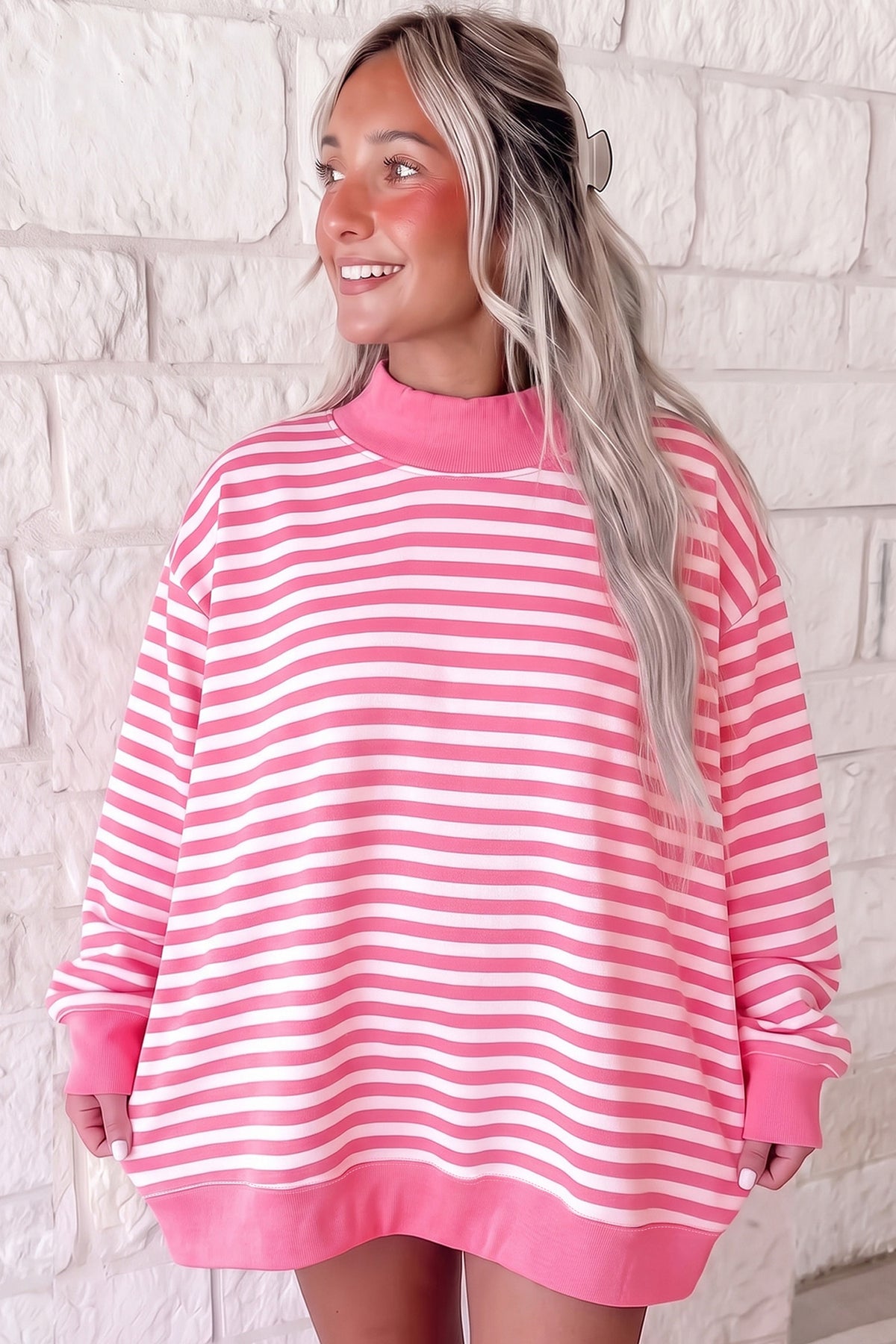 Green Stripe Mock Neck Oversized Tunic Sweatshirt