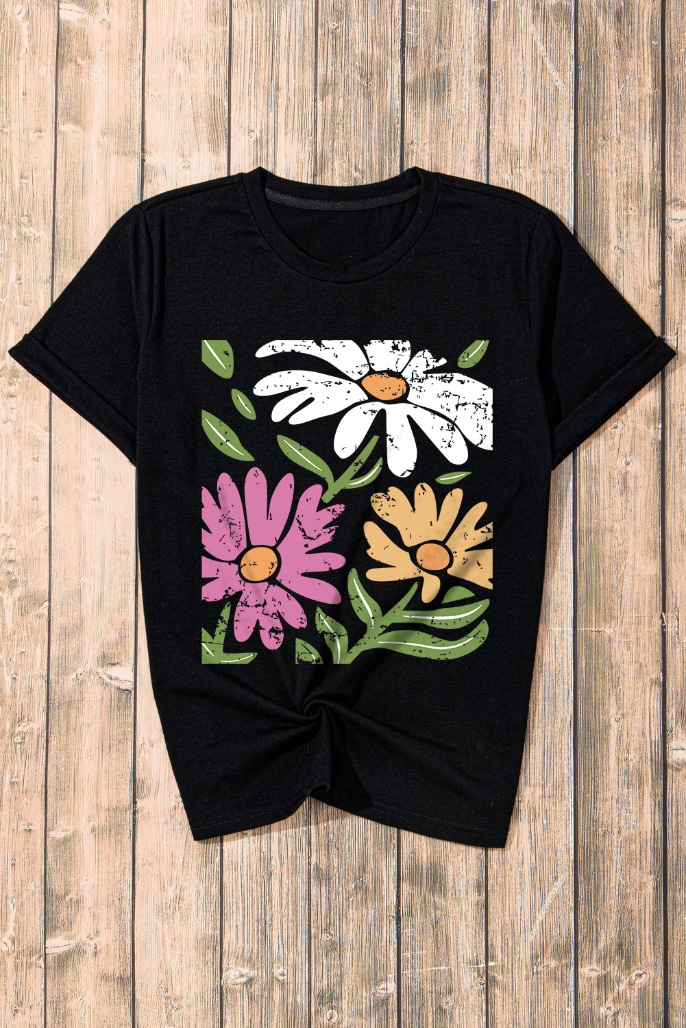 Black Retro Floral Print Crew Neck Casual T-Shirt