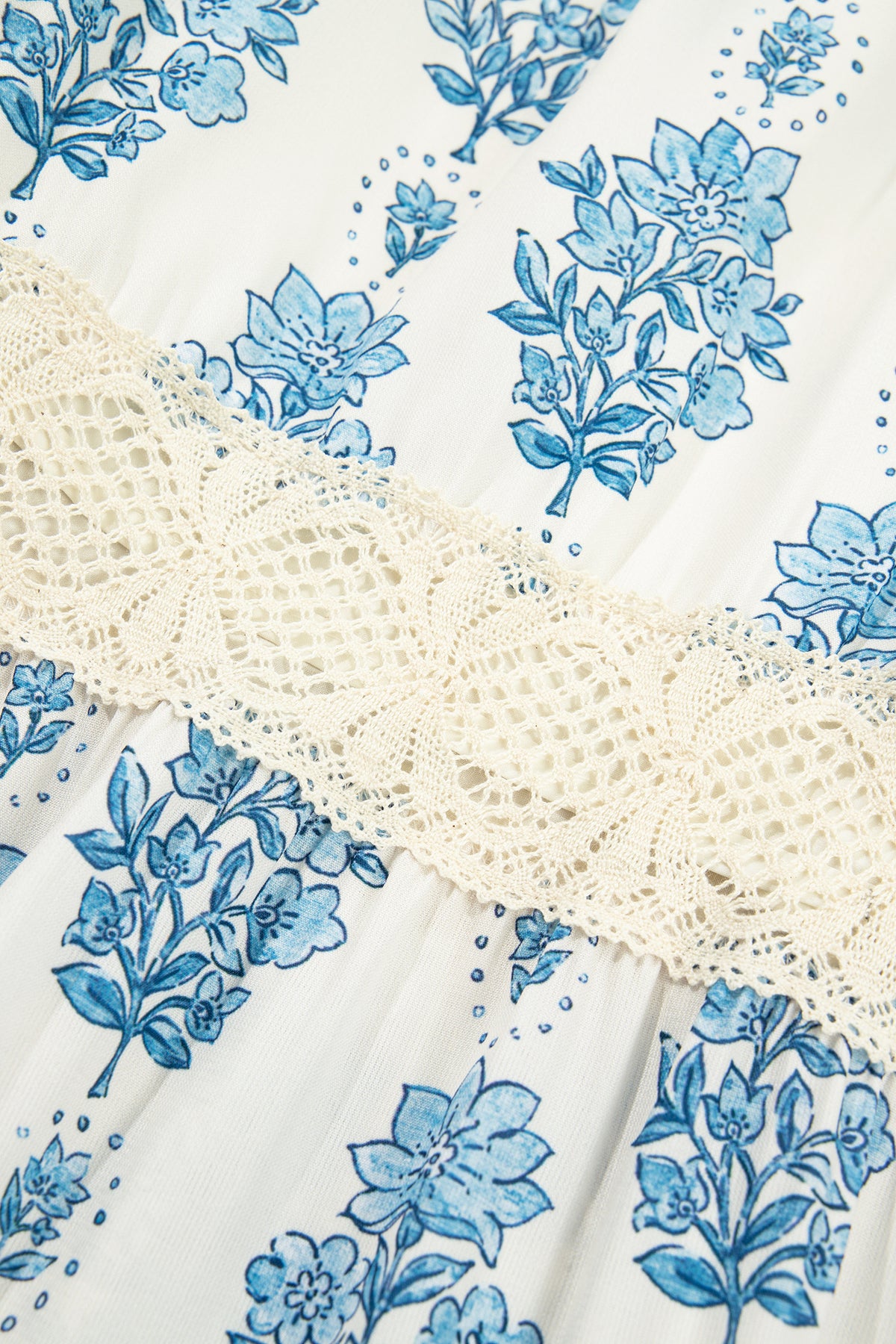 Sky Blue Floral Print Lace Patchwork Wide Leg Pants