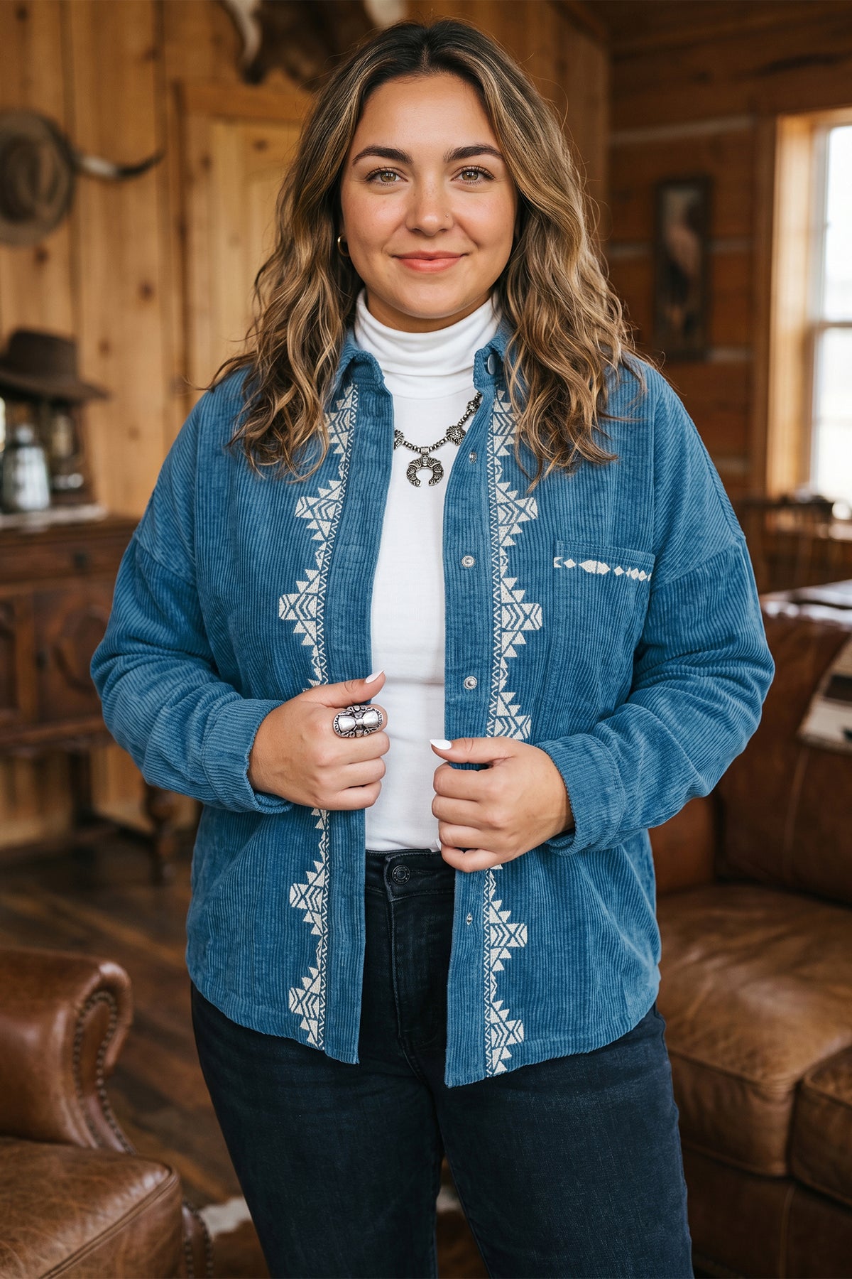 Blue Embroidered Corduroy V-Neck Plus Size Shirt