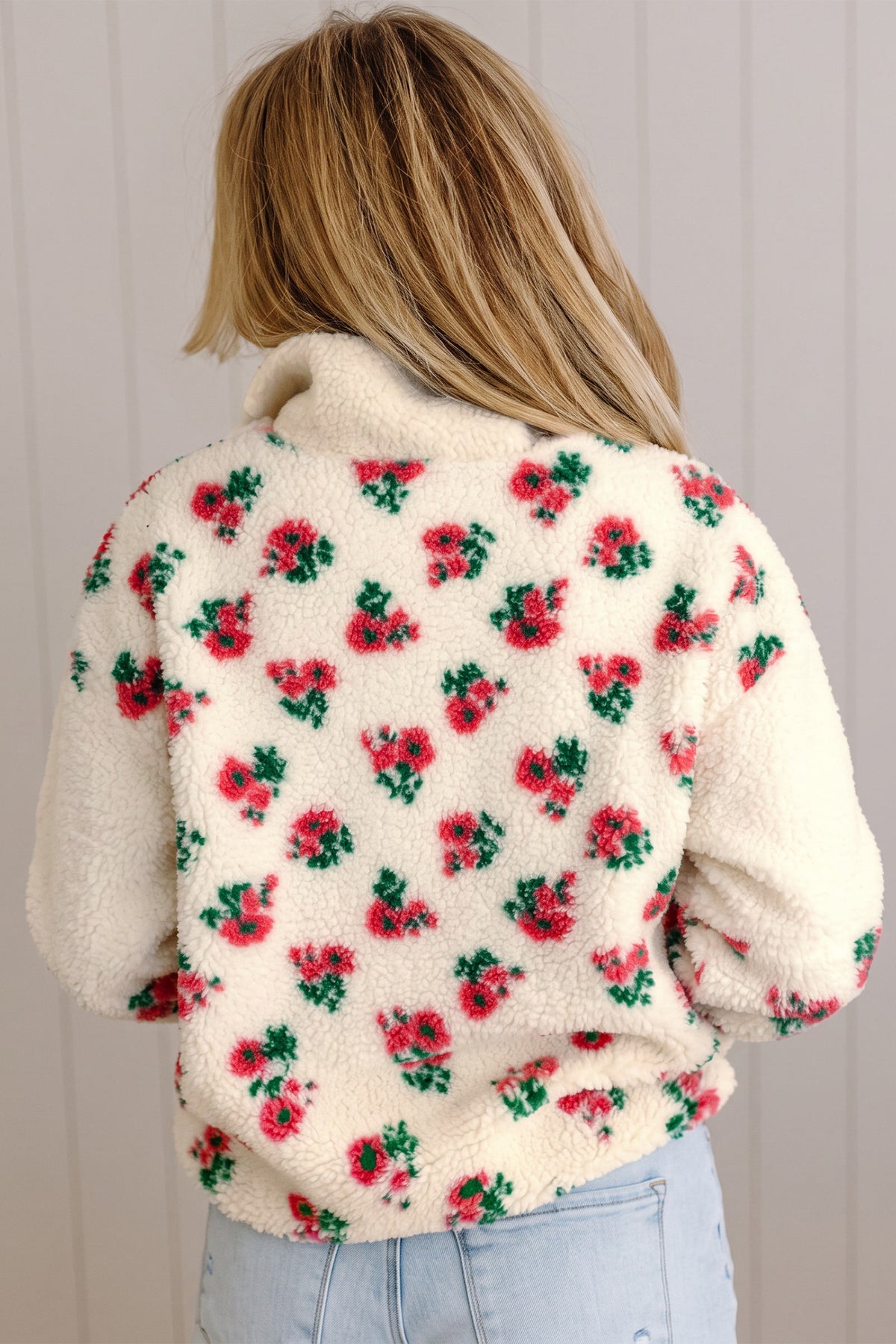 White Floral Fleece Contrast Trim Button Collar Sweatshirt