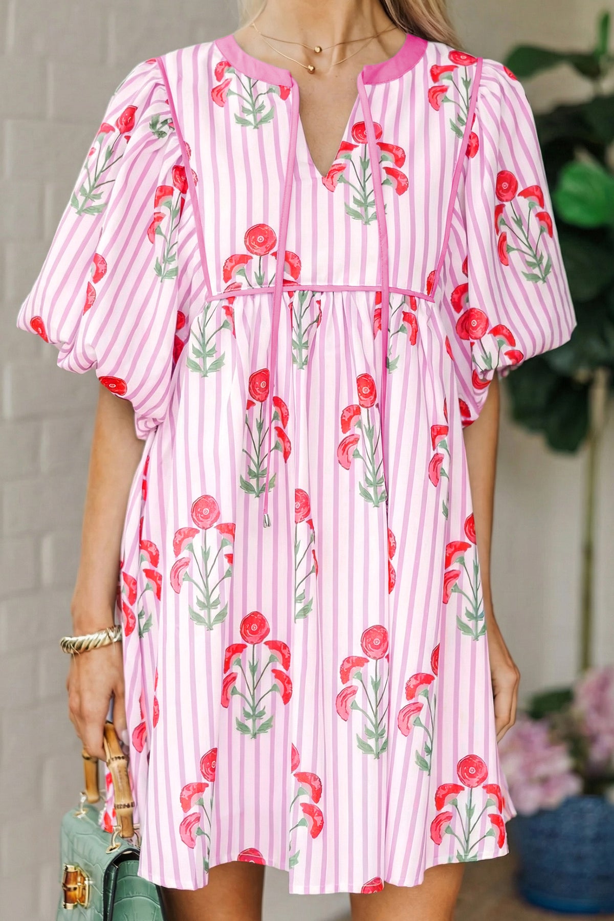 Pink Floral Striped Tie Notched Neck Puff Sleeve Flared Mini Dress