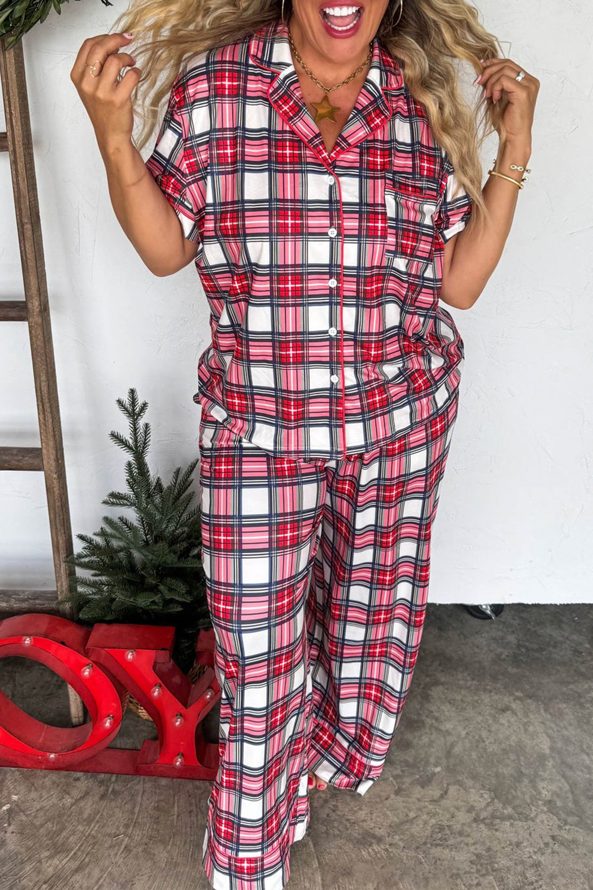 Red Plus Size Button Down Plaid Pajama 2-Piece Pant Set