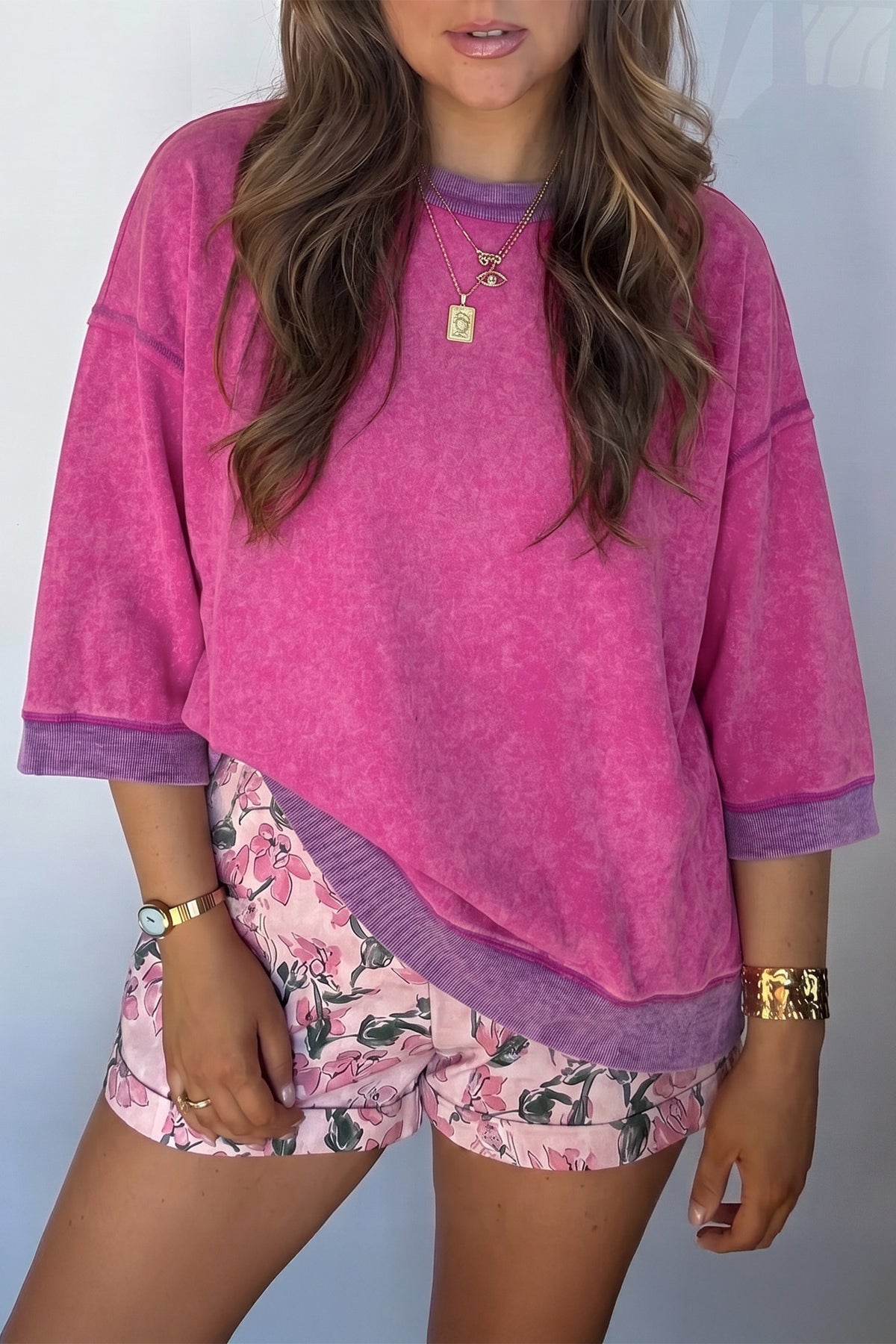 Strawberry Pink Mineral Wash Color Block Trim Top