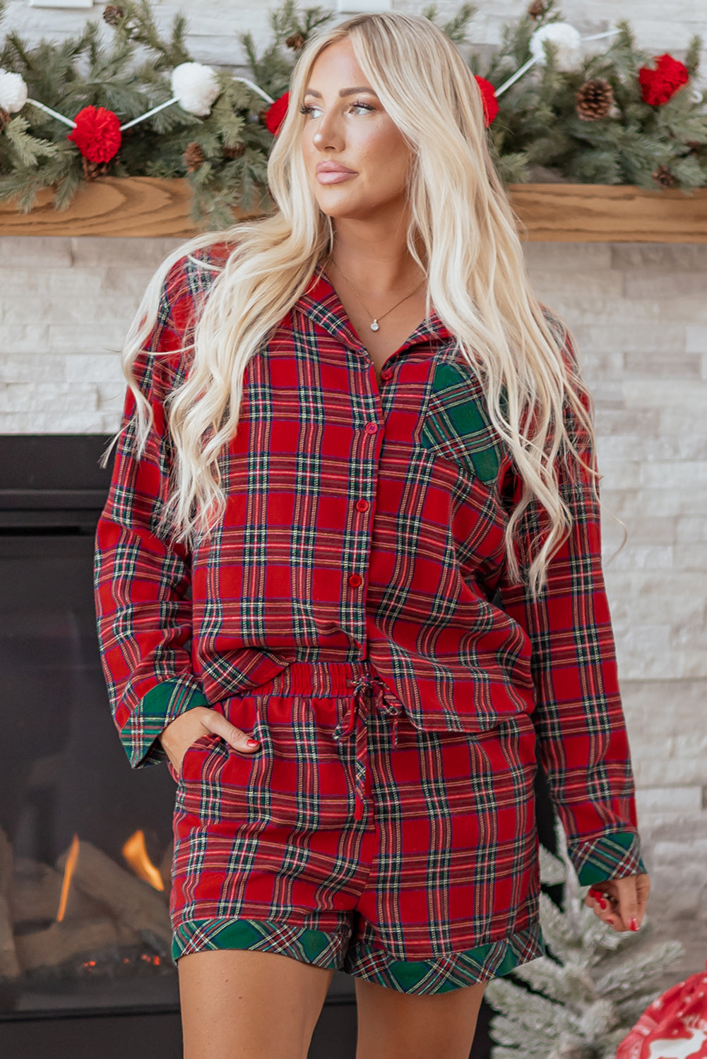 Red Plaid Patched Christmas Long Sleeve Shirt and Shorts Pajama Set