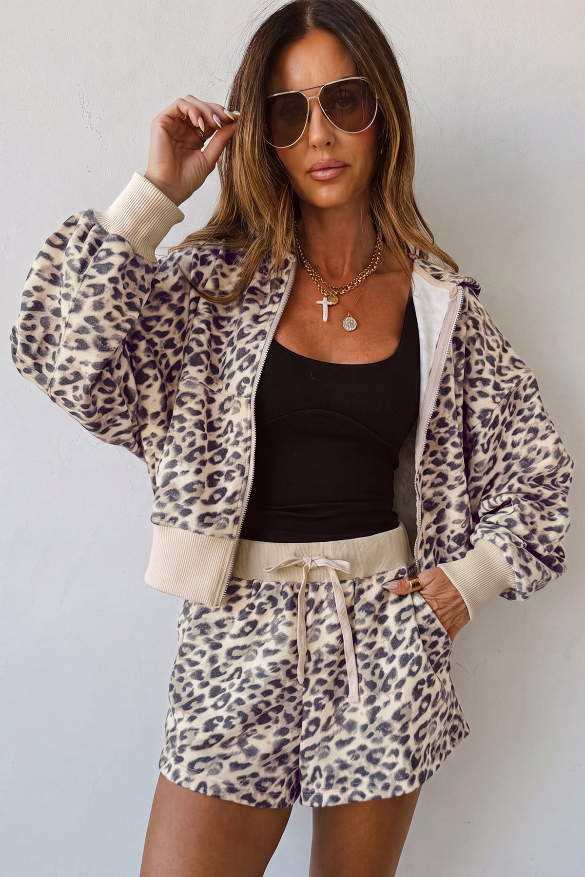 Women's Multicolour Leopard Zip-Up Hooded Drawstring Pants Set