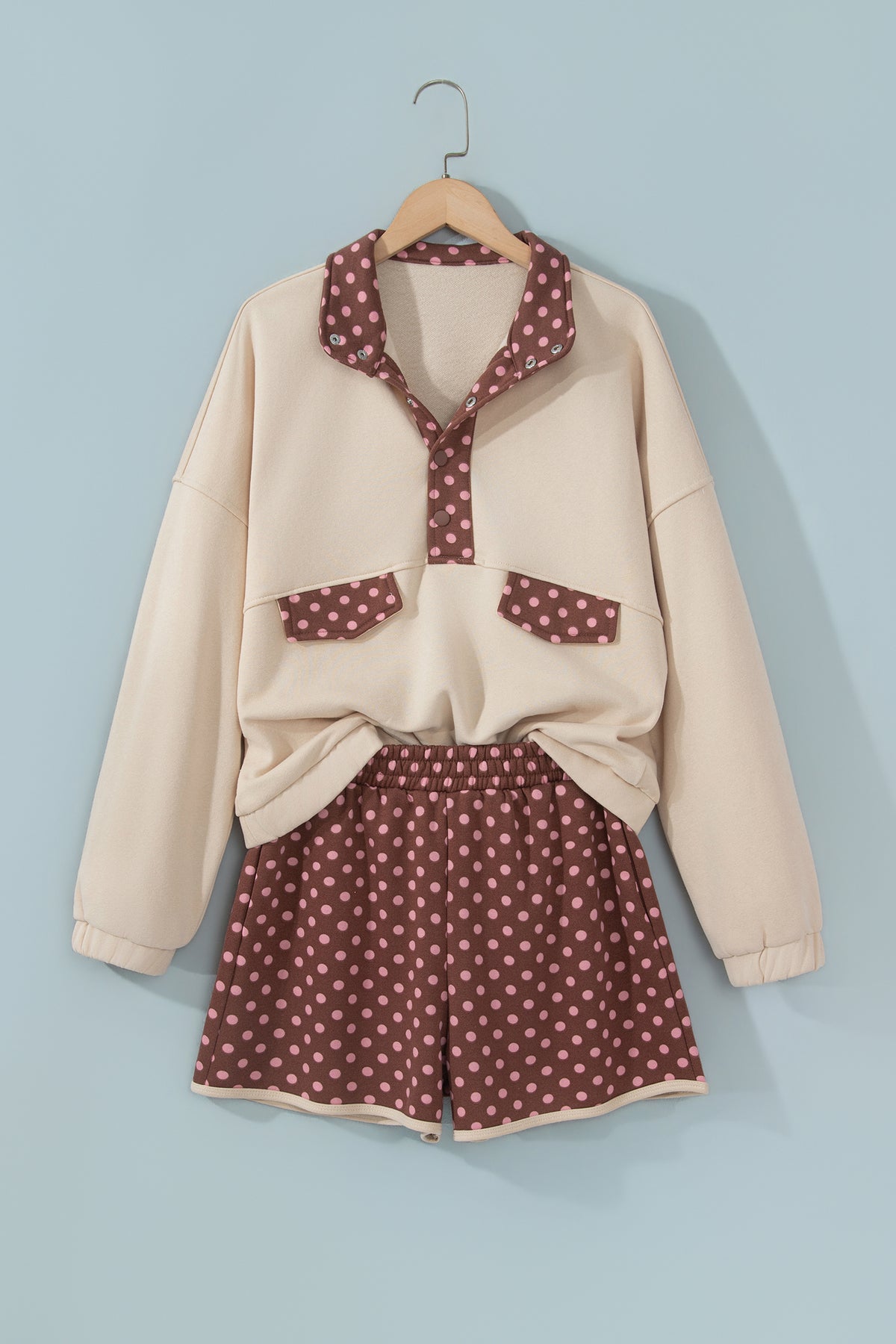 Brown Polka Dot Contrast Baggy Pullover and Elastic Waist Shorts Set