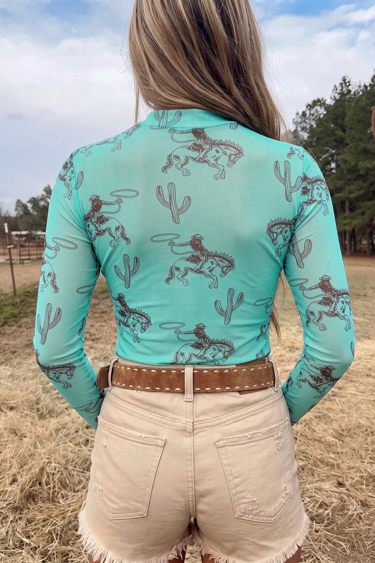 Aruba Blue Western Print High Neck Sheath Mesh Top