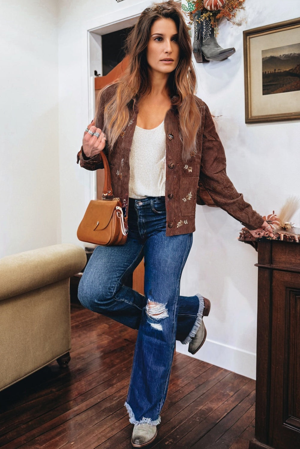 Coffee Floral Embroidered Collar Corduroy Jacket With Pocket