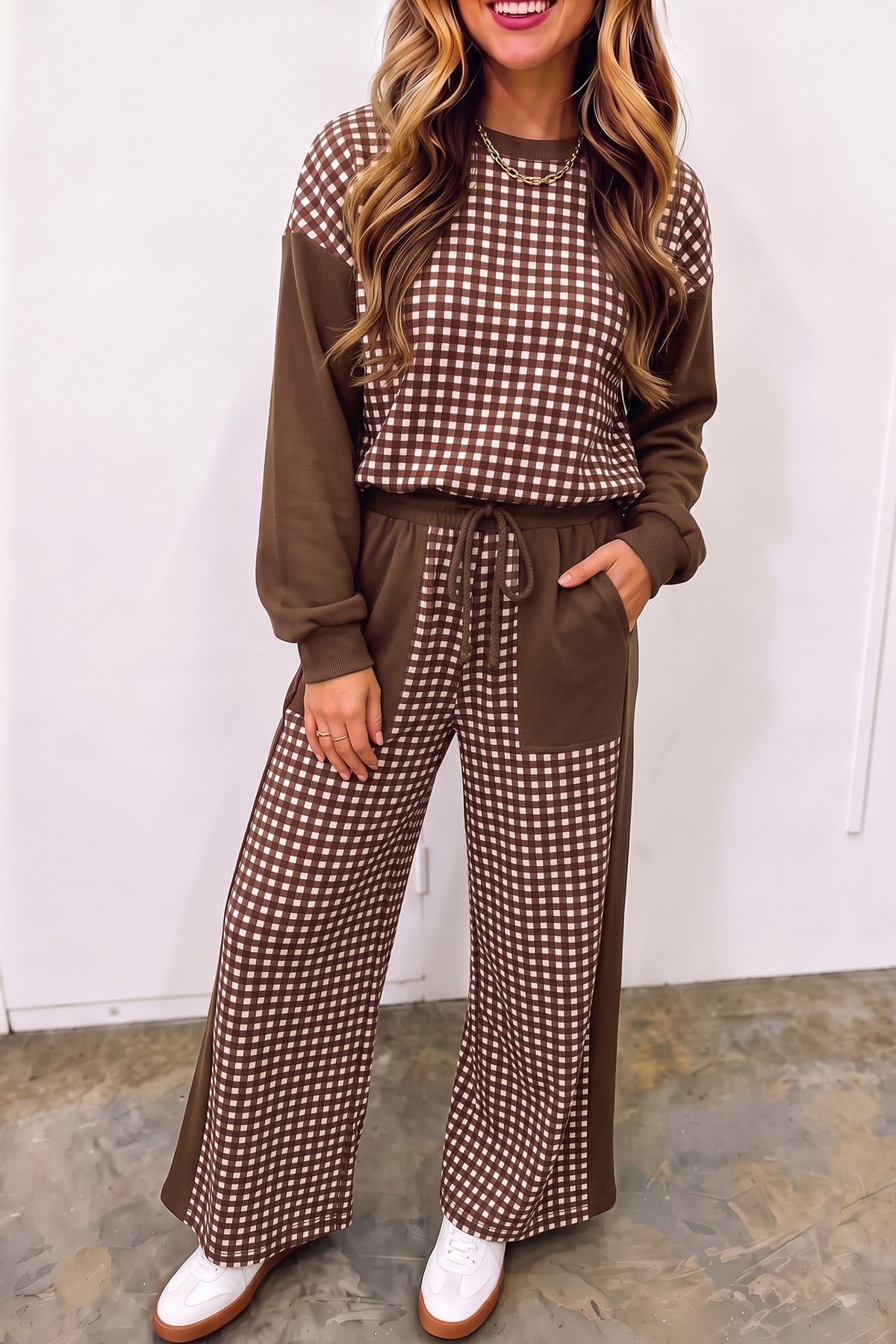 Women's Red Color Block Plaid Patchwork Long-Sleeve Pullover Wide-Leg Pants Set
