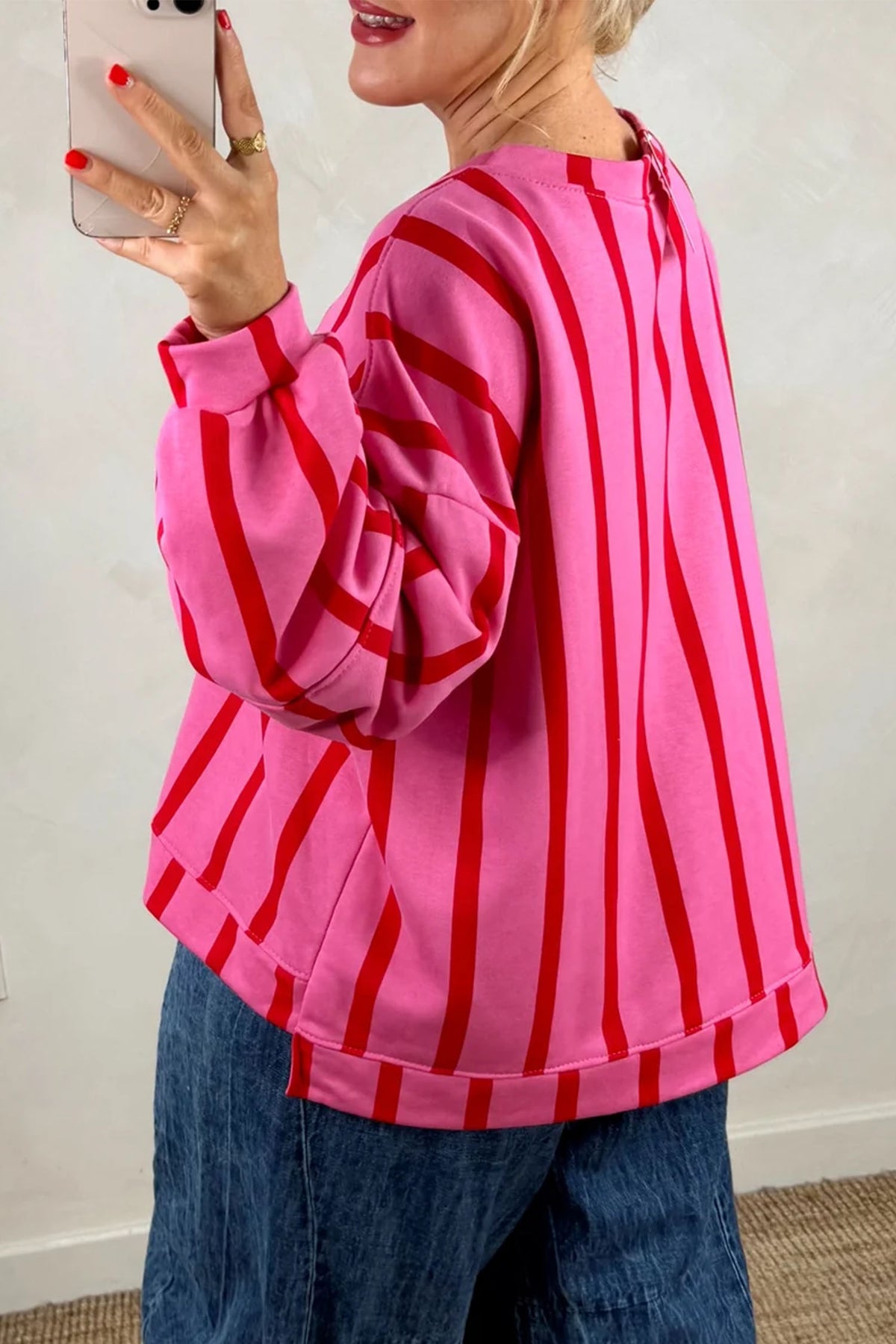 Pink Stripe Dropped Shoulder Round Neck Sweatshirt
