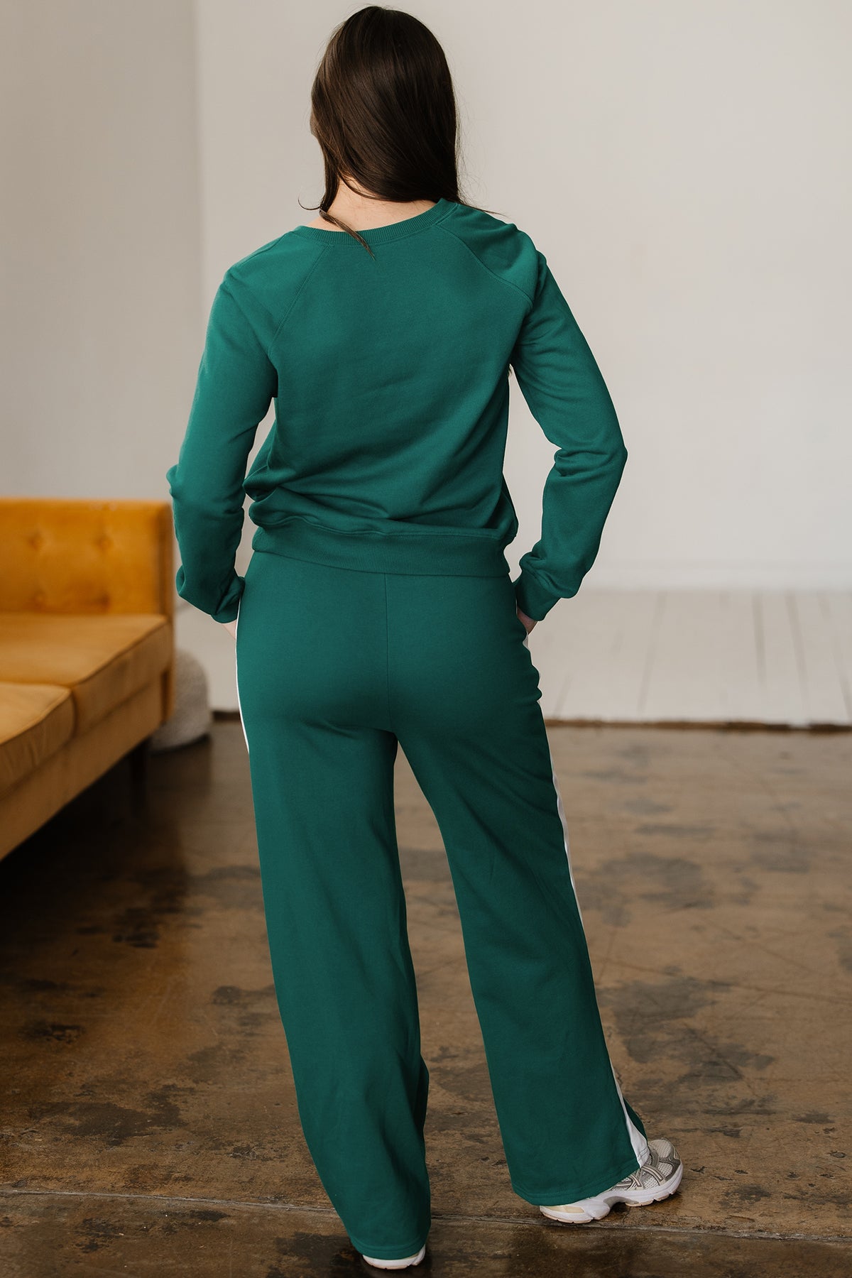 Women's Sea Green Pullover Top Varsity Stripe Detail Pants Set