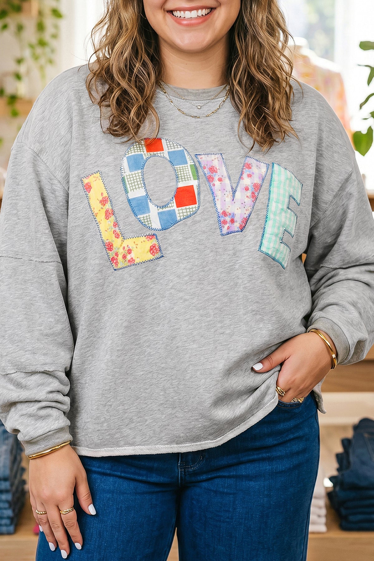 Light Grey Long-Sleeve Patch Embroidery Tunic Plus Size Blouse