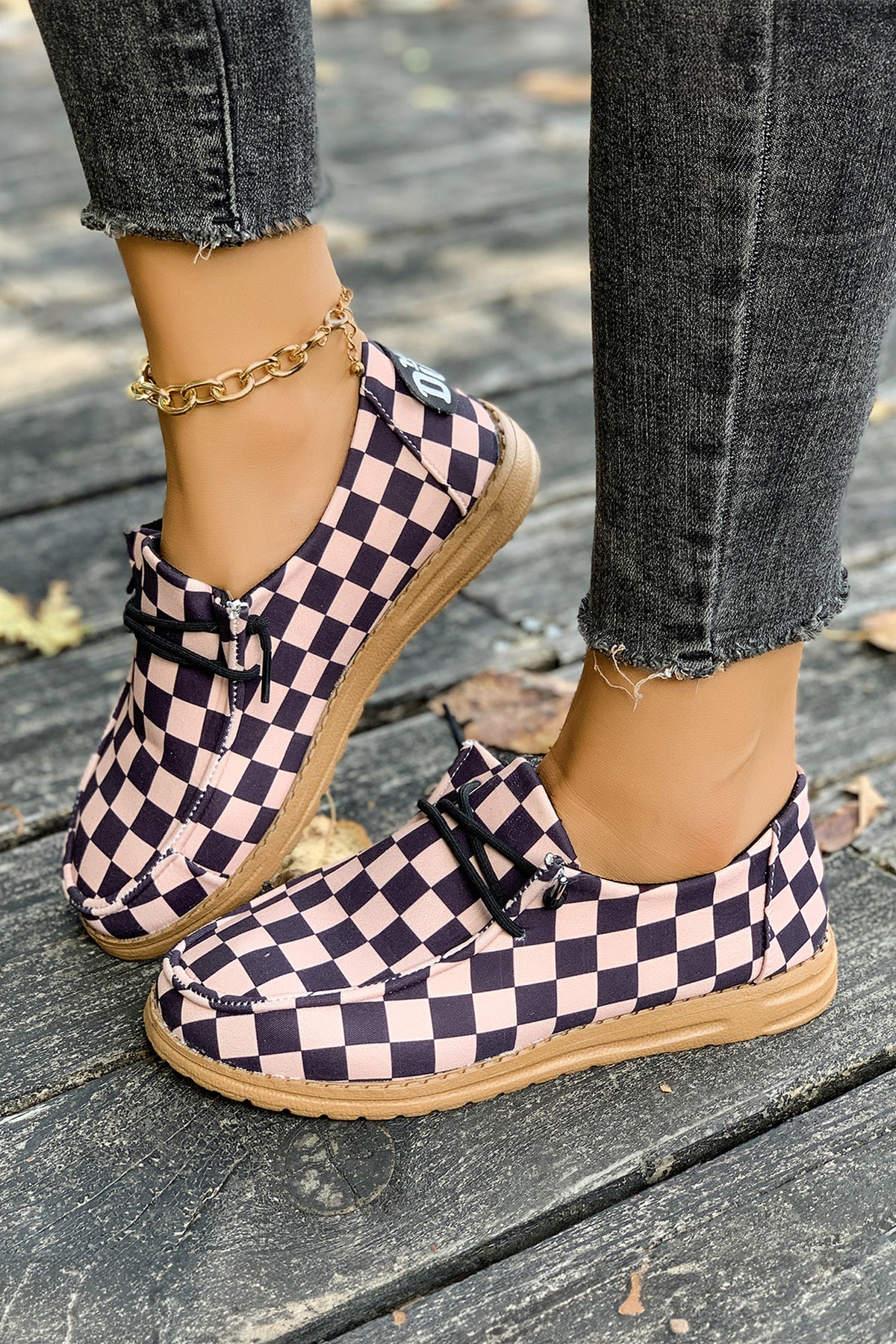 Dark Brown Checkered Print PU Leather Lace-Up Sneakers