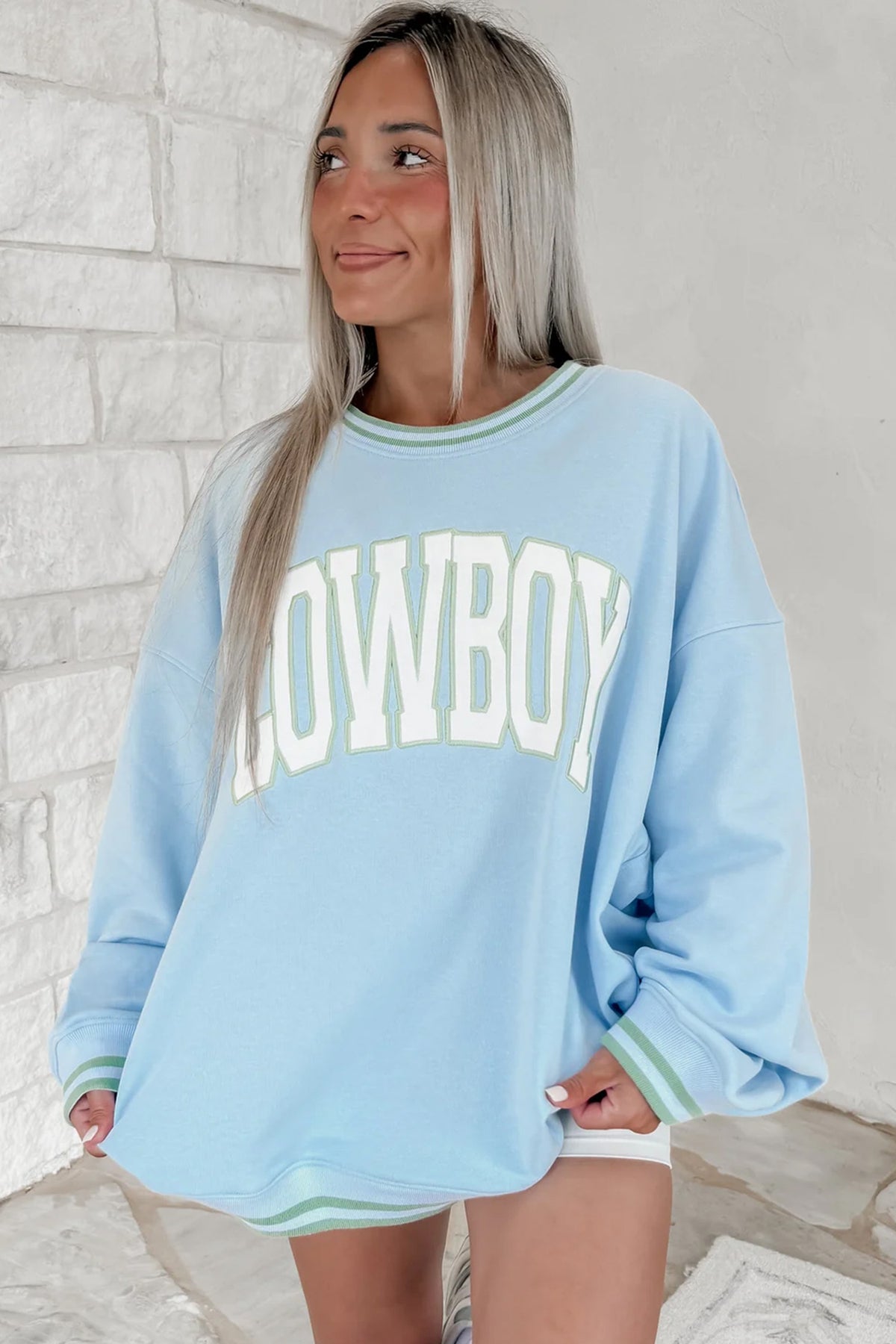 Beau Blue Embroidered Cowboy Letter Print Sweatshirt