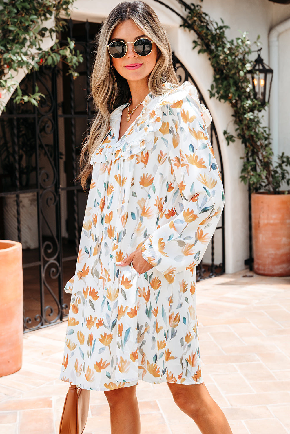 Yellow Floral Print Tie Neck Detail Long Sleeve Mini Dress