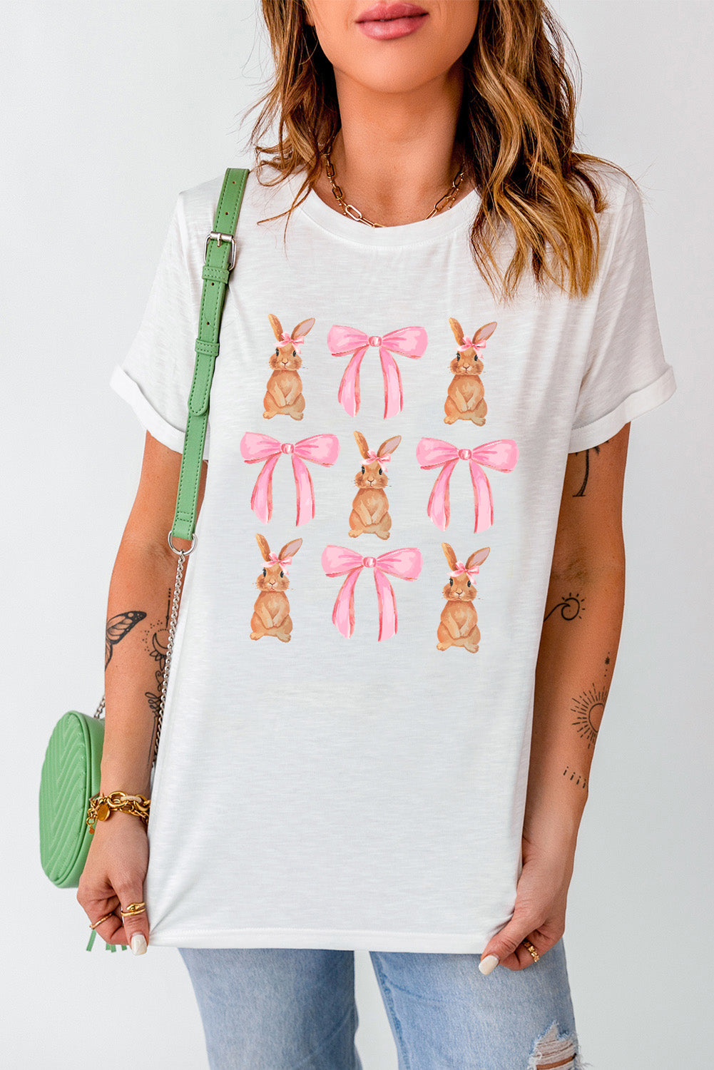 White Rabbit Bow Knot Print Crew Neck T-Shirt