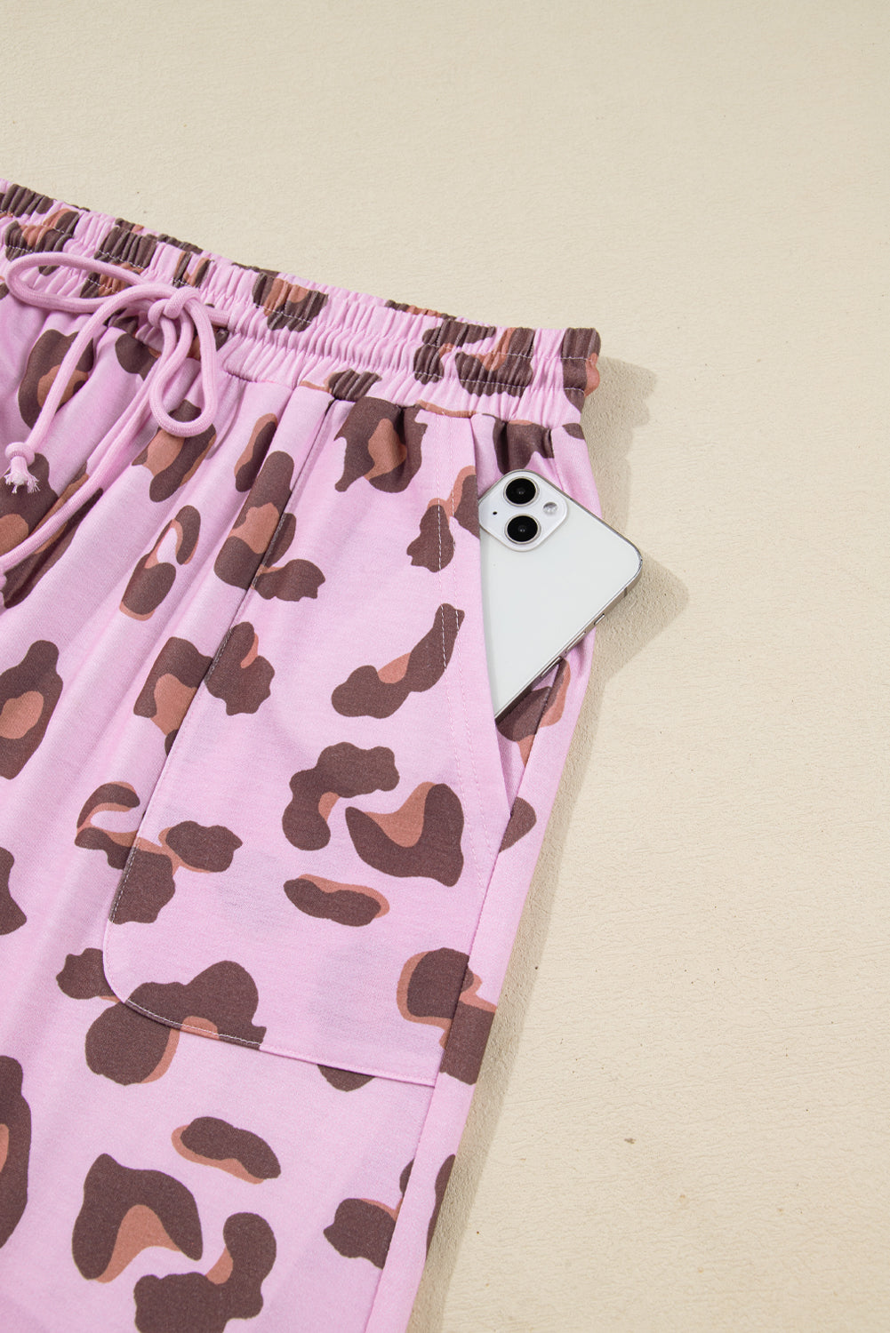 Pink Drawstring Leopard Print Patch Pocket Loose Pants