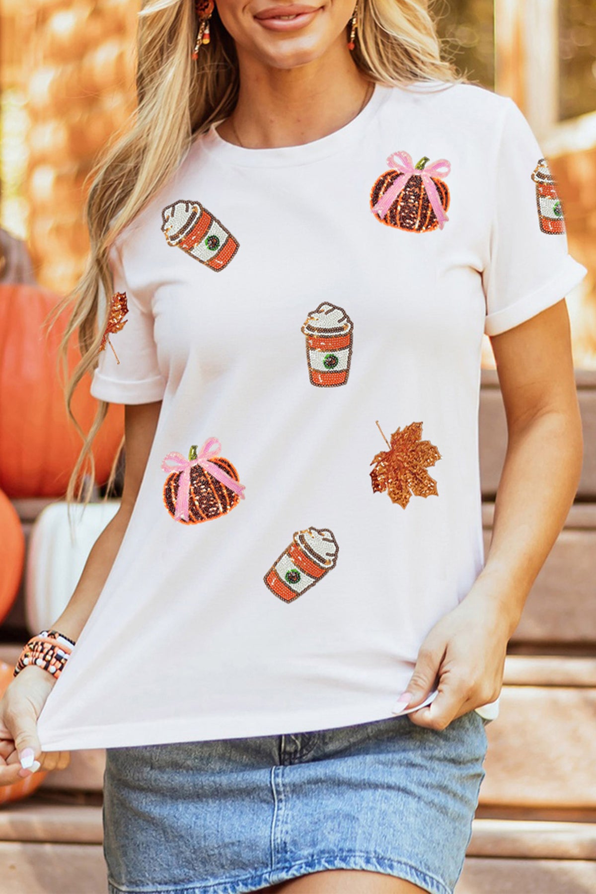 White Sequined Pumpkin Fall Graphic Casual Shift T-Shirt