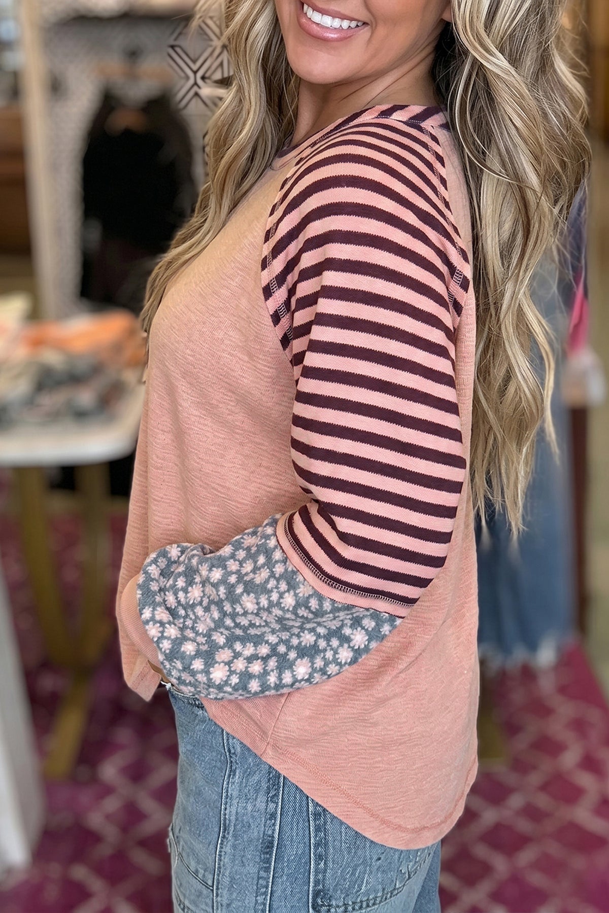 Light Pink V Neck Colorblock Patchwork Striped Floral Top