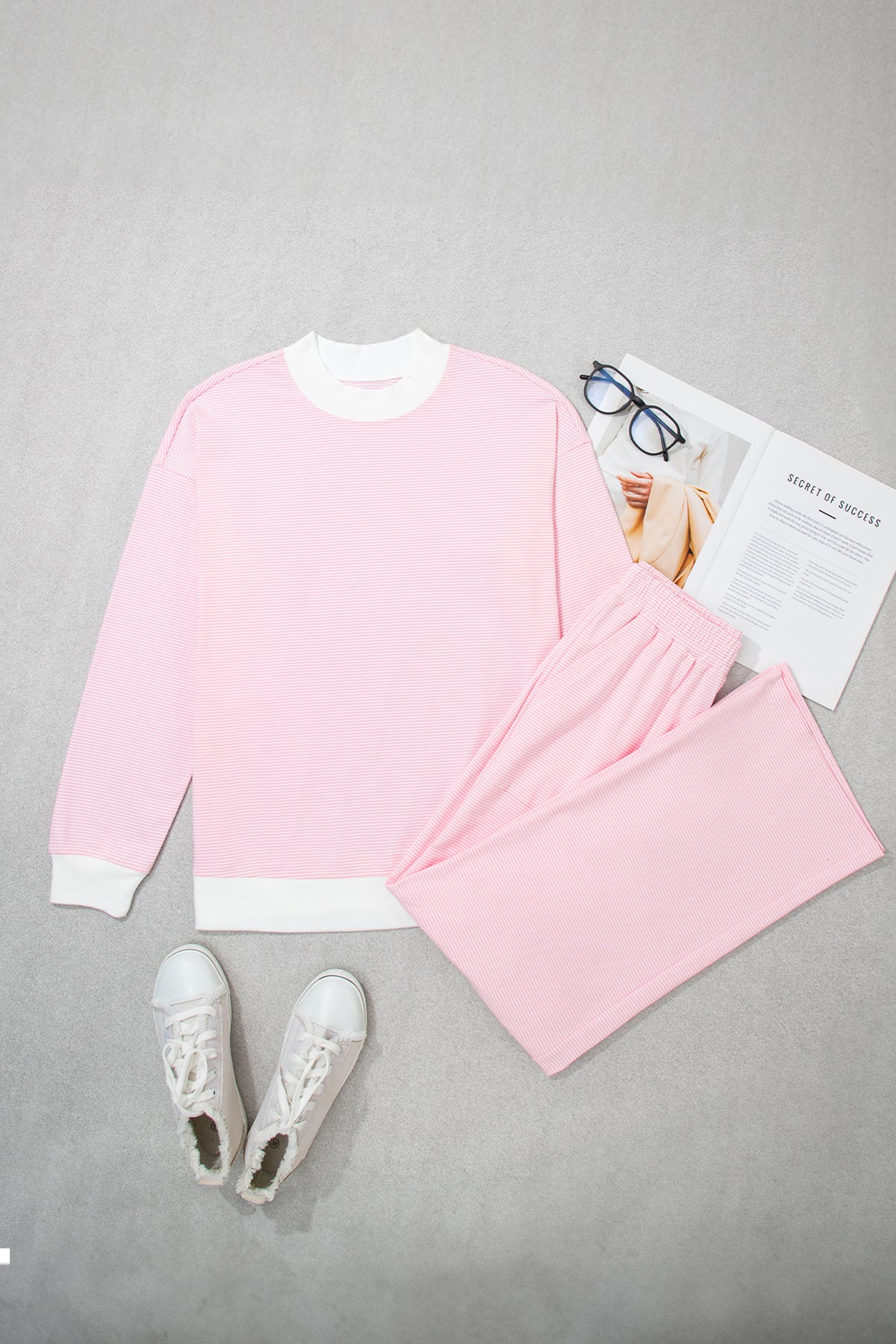 Women's Pink Stripe Color Block Trim Mock Neck Pullover Drawstring Pants Casual Outfit