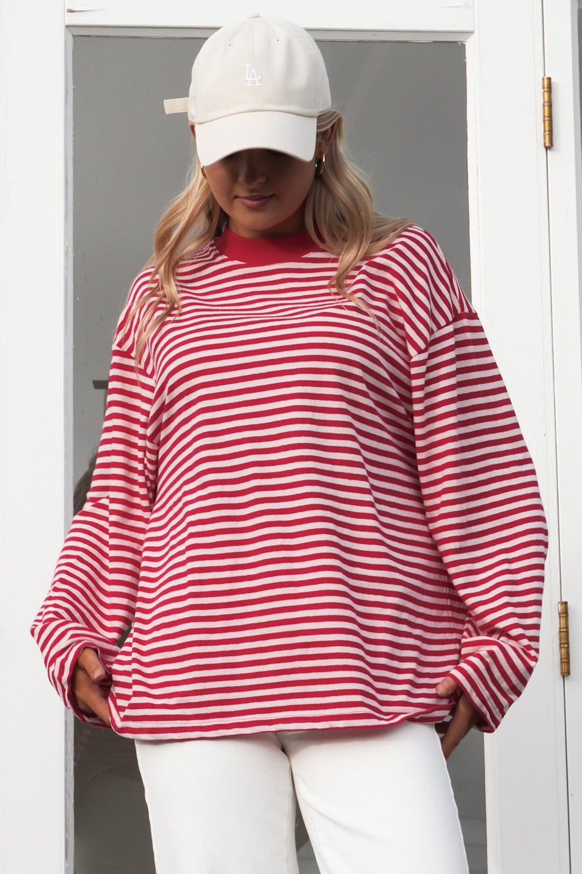 Red Stripe Oversized Round Neck Long Sleeve Top