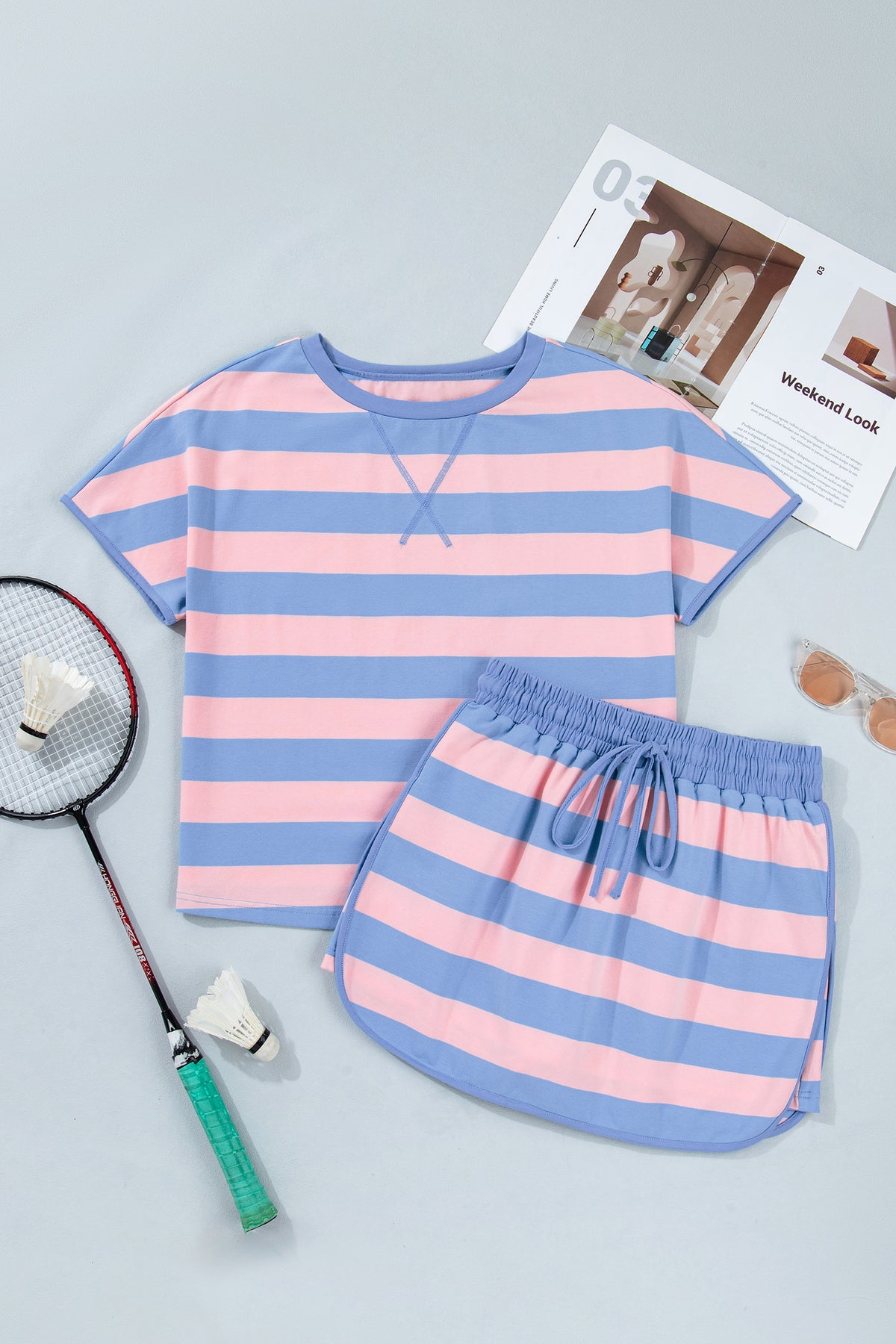 Women's Pink Stripe Dolman Tee Skort Athletic Two-Piece Set