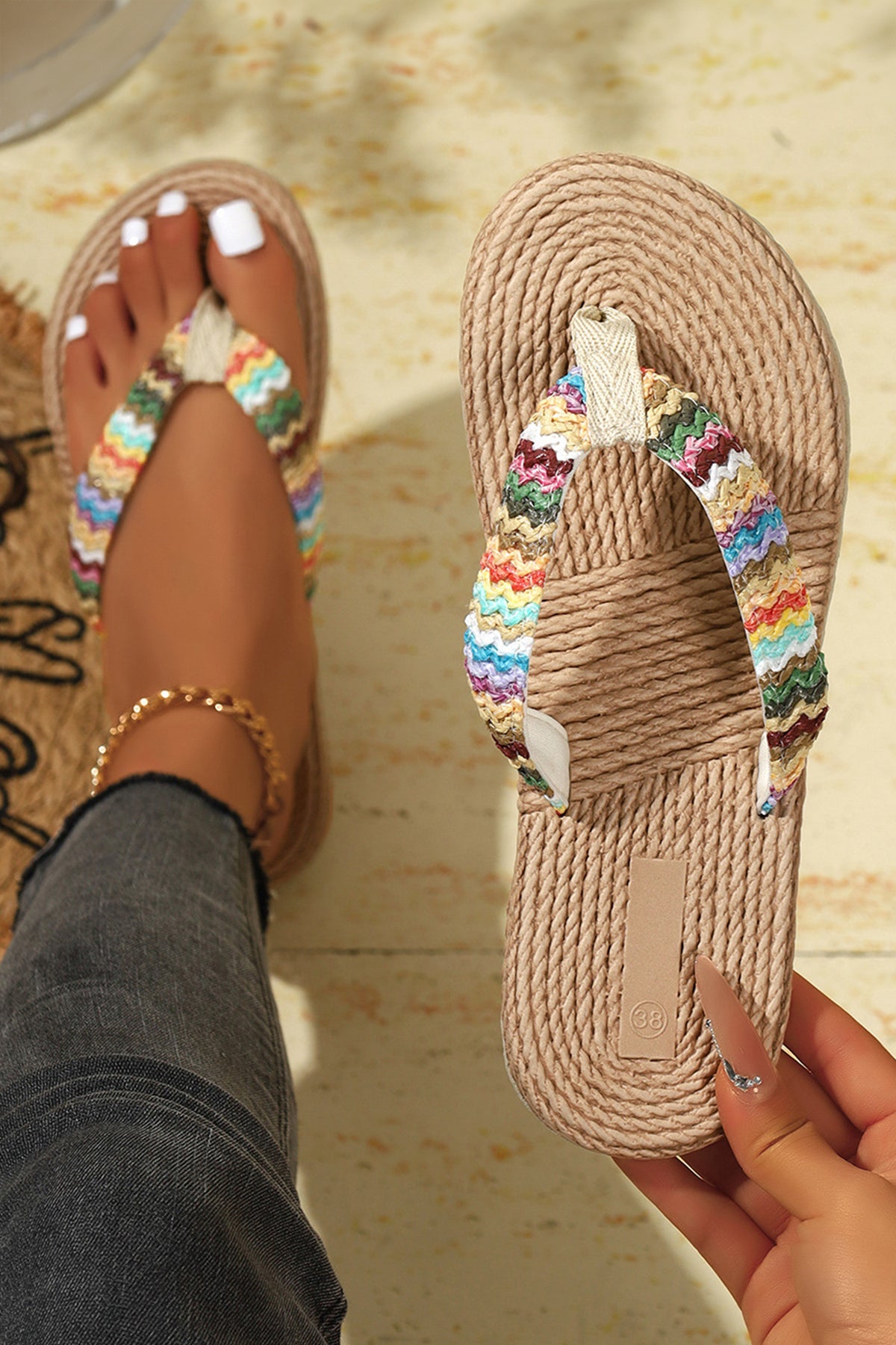 Khaki Bohemian Vacation Straw Woven Rainbow Strap Flip-Flop