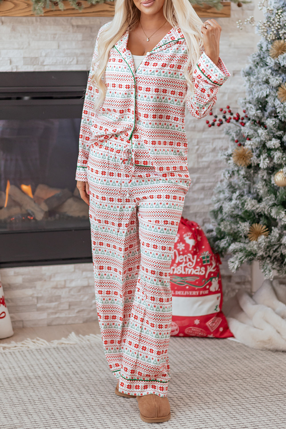 White Christmas Pattern Print Shirt Style Long Pajama Set