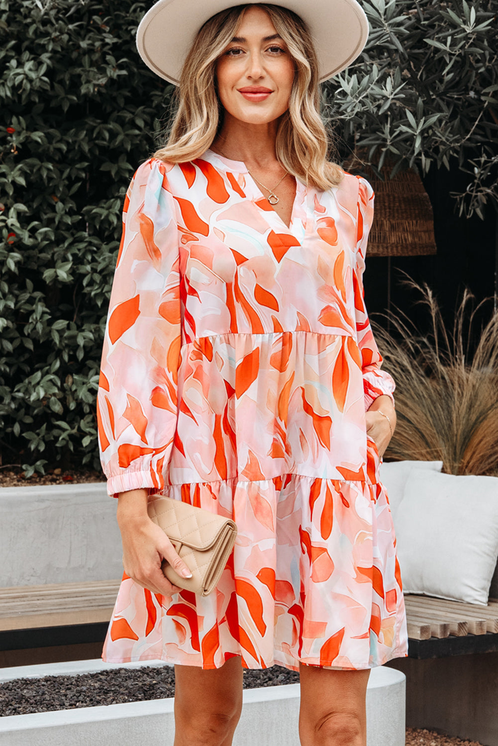 Orange Abstract Print Split Neck Long Sleeve Dress
