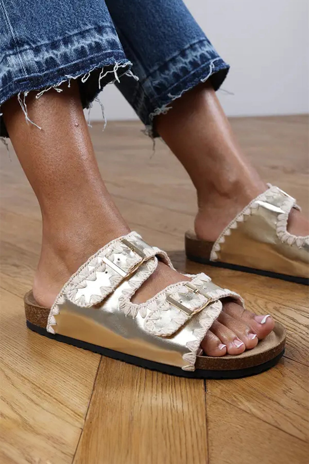 Gold PU Leather Contrast Stitch Flat Slide Sandals