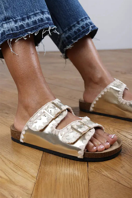 Gold PU Leather Contrast Stitch Flat Slide Sandals