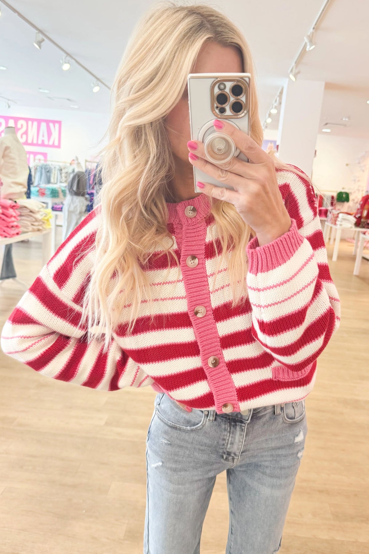 Red Stripe V Neck Long Sleeve Cardigan