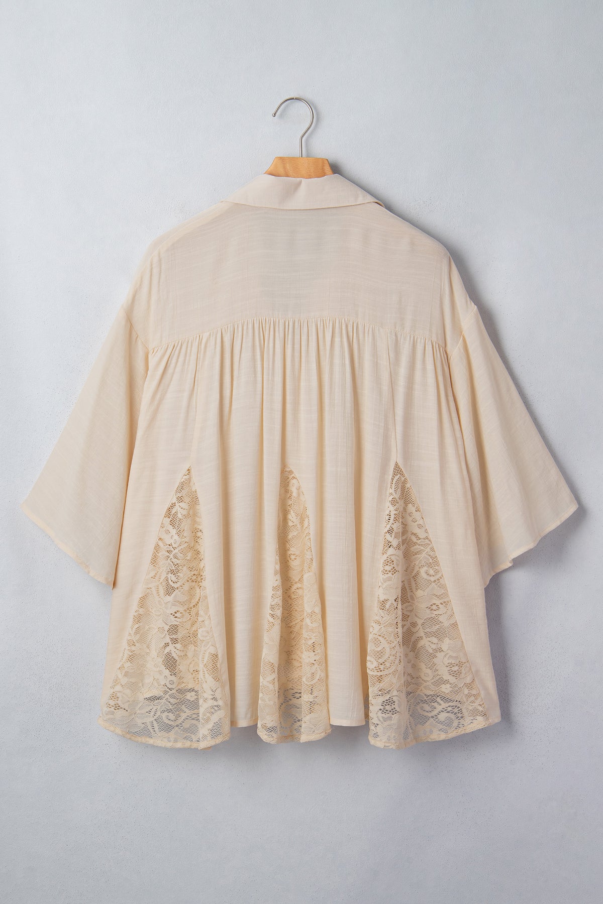 Oatmeal Sheer Lace Splicing Detail Bracelet Sleeve Flowy Shirt