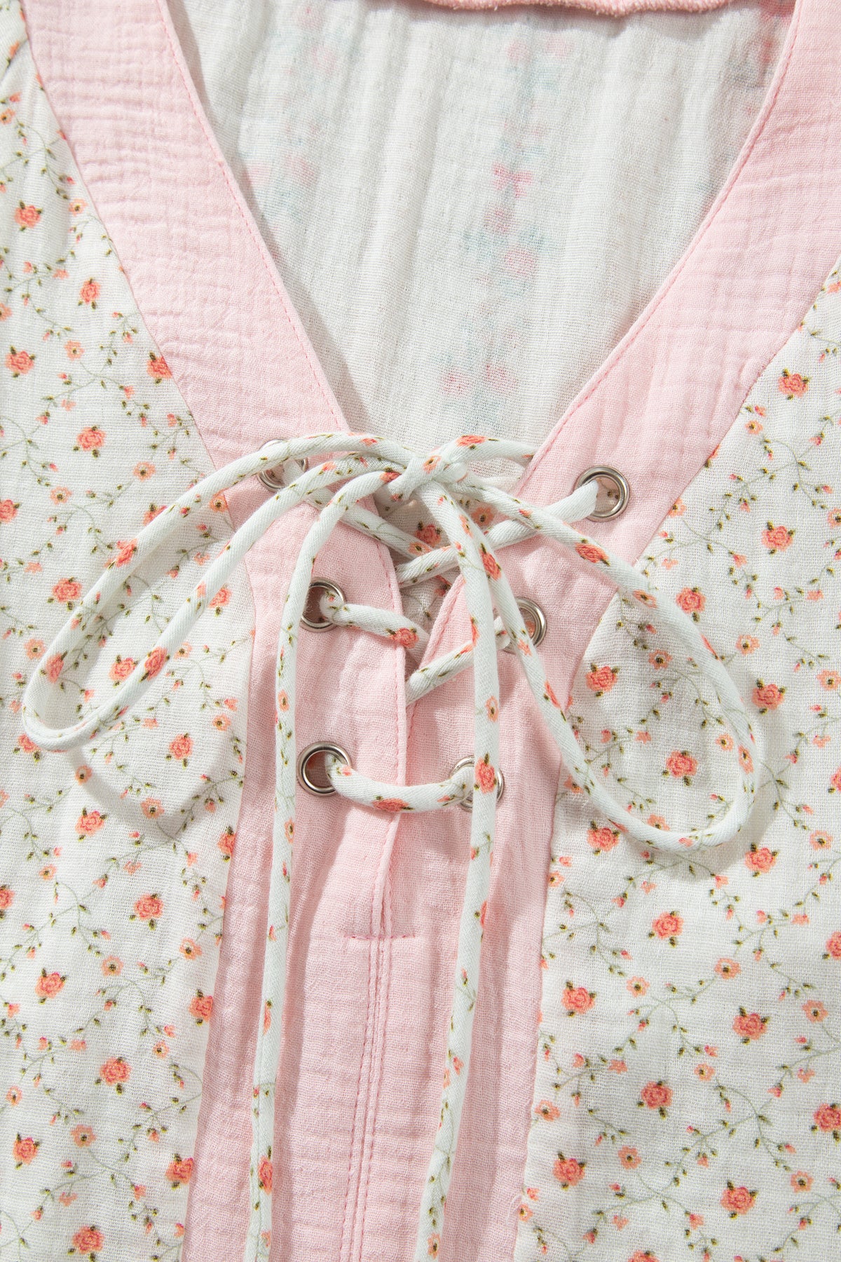 Beige Floral Print Color Block Trim Lace-up V Neck Blouse