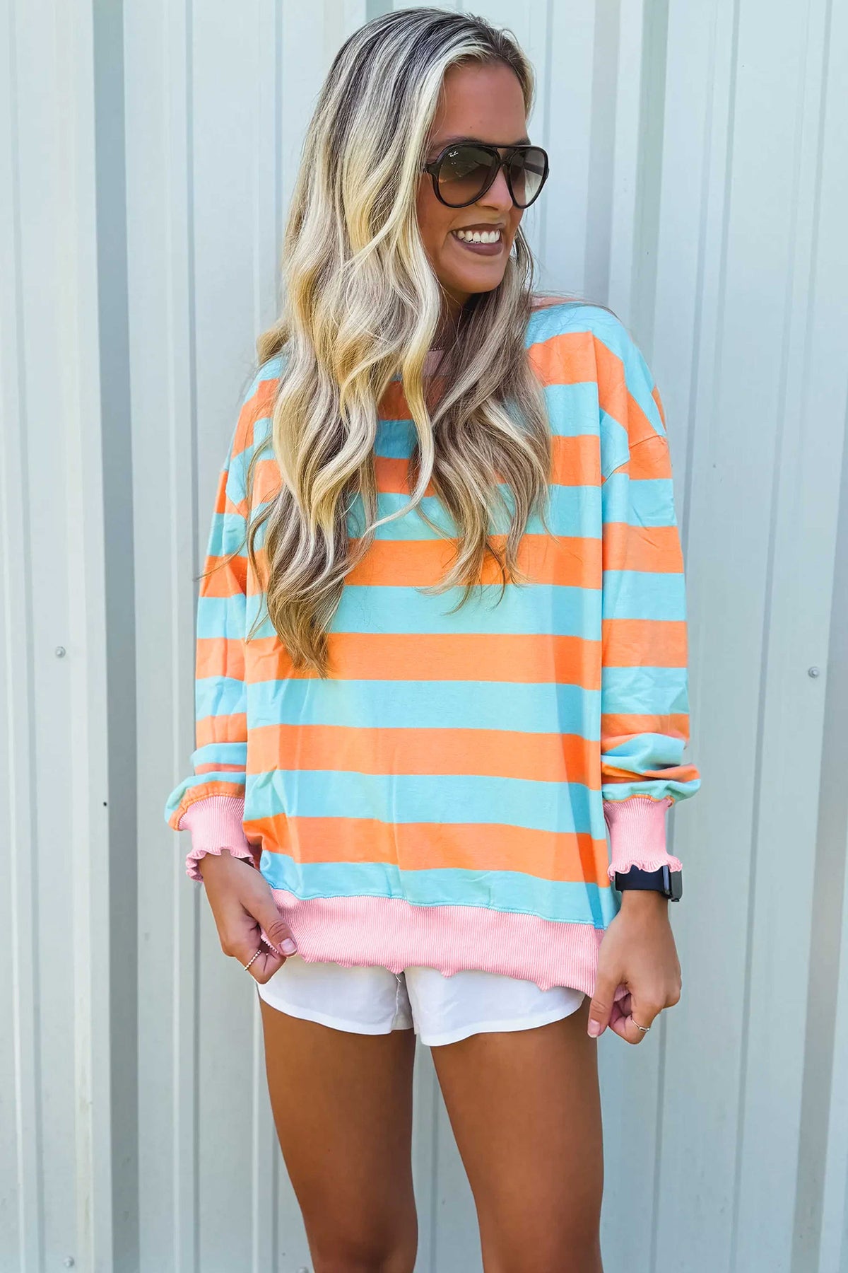 Orange Stripe Ribbed Color Block Trim Round Neck Shift Top