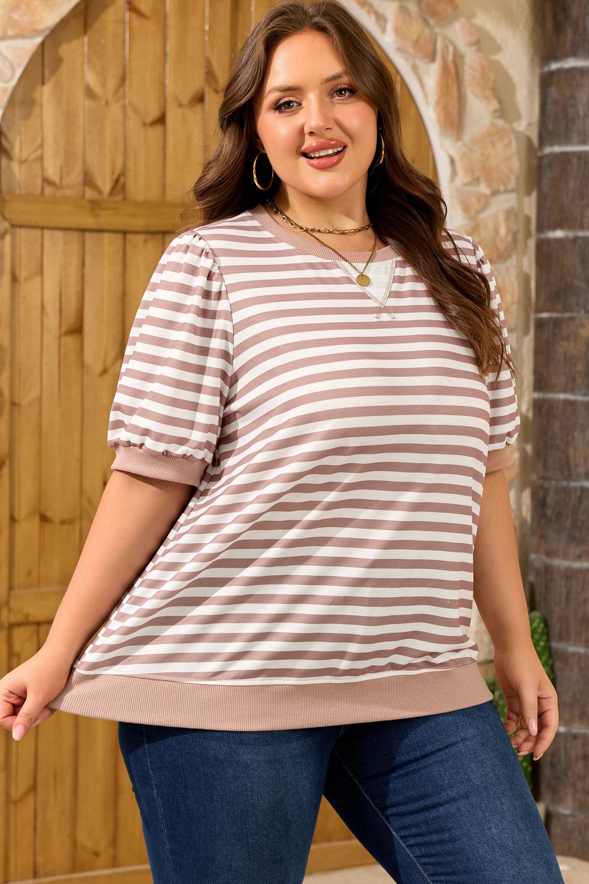 Orange Stripe Ribbed Trim Round-Neck Short Puff-Sleeve Plus T-Shirt