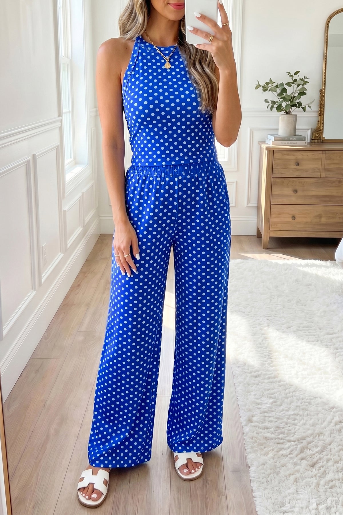 Women's Pink Polka Dot Print Slim Tank Pants Two-Piece Outfit Set