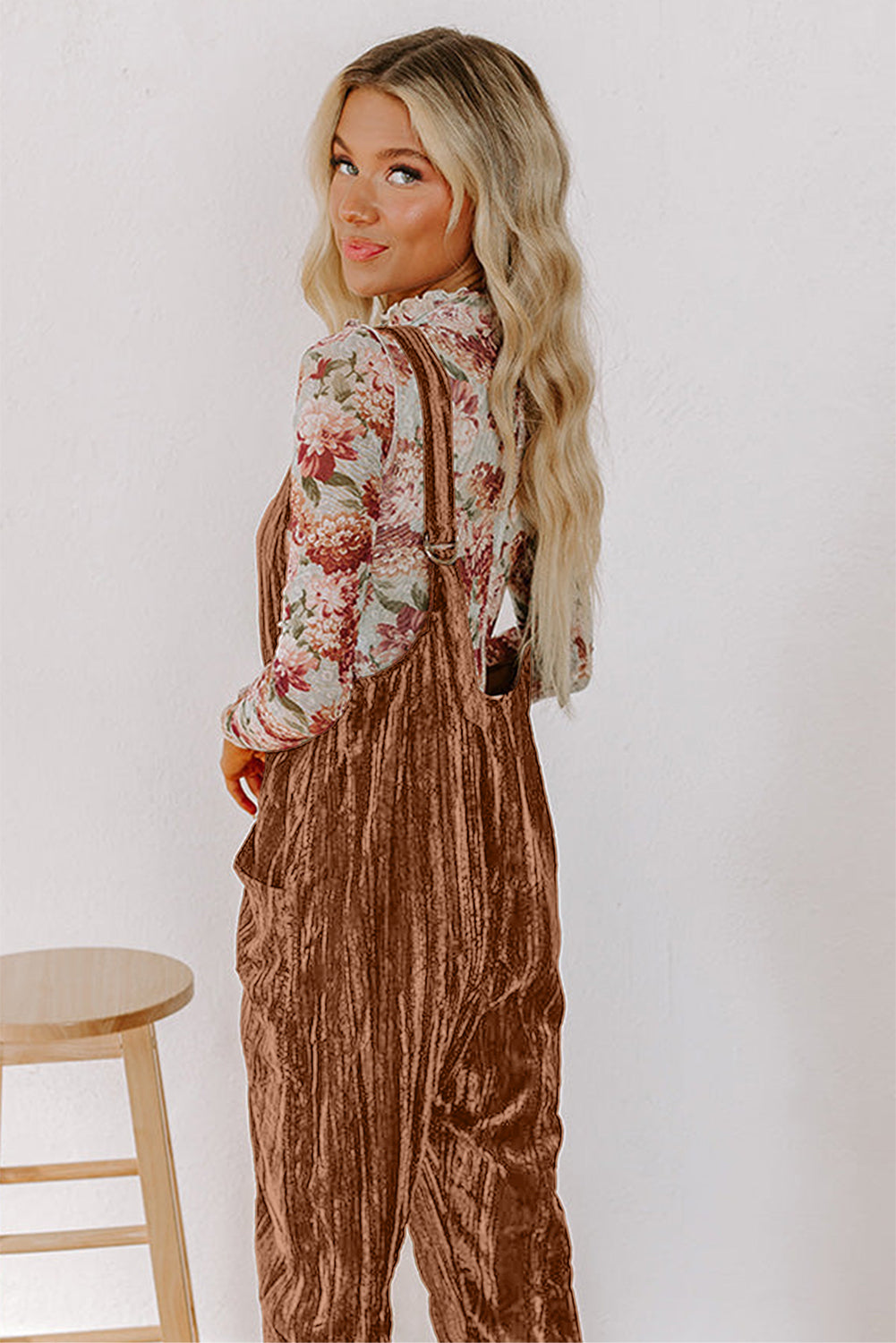 Chicory Coffee Velvet Adjustable Straps Patched Pocket Jumpsuit