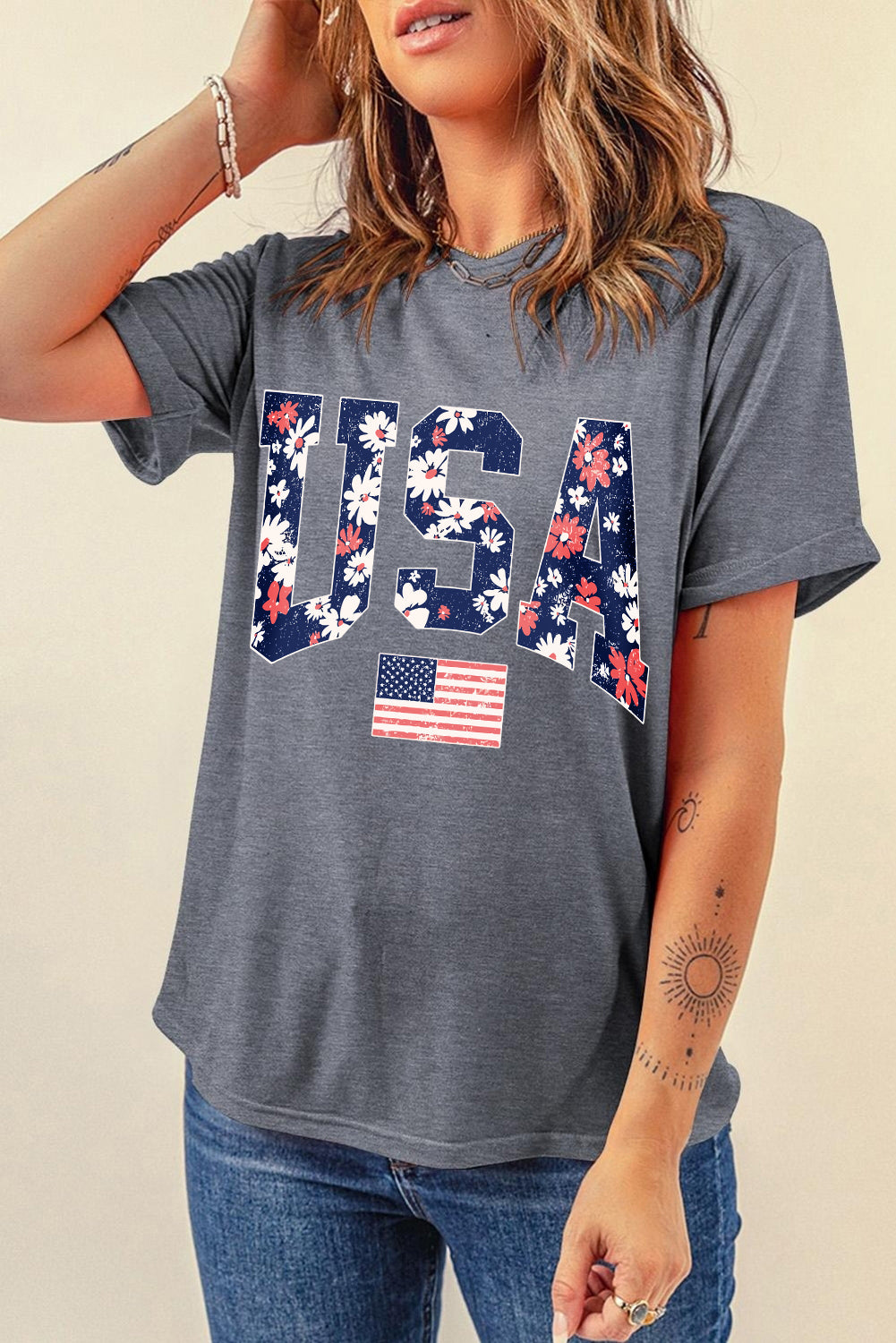 Gray Blooming USA Flag Print Casual T-Shirt