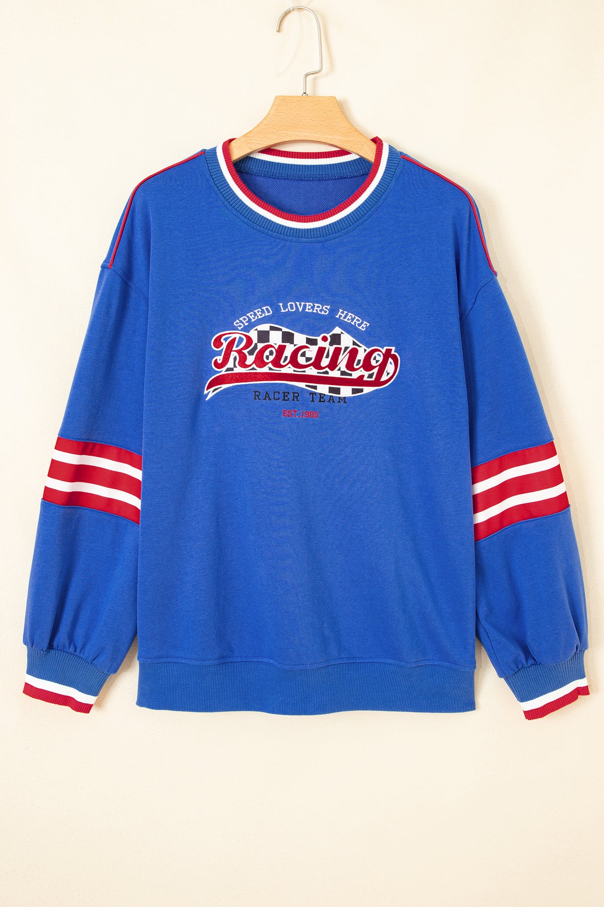 Sky Blue Abstract Racing Graphic Embroidered Sweatshirt