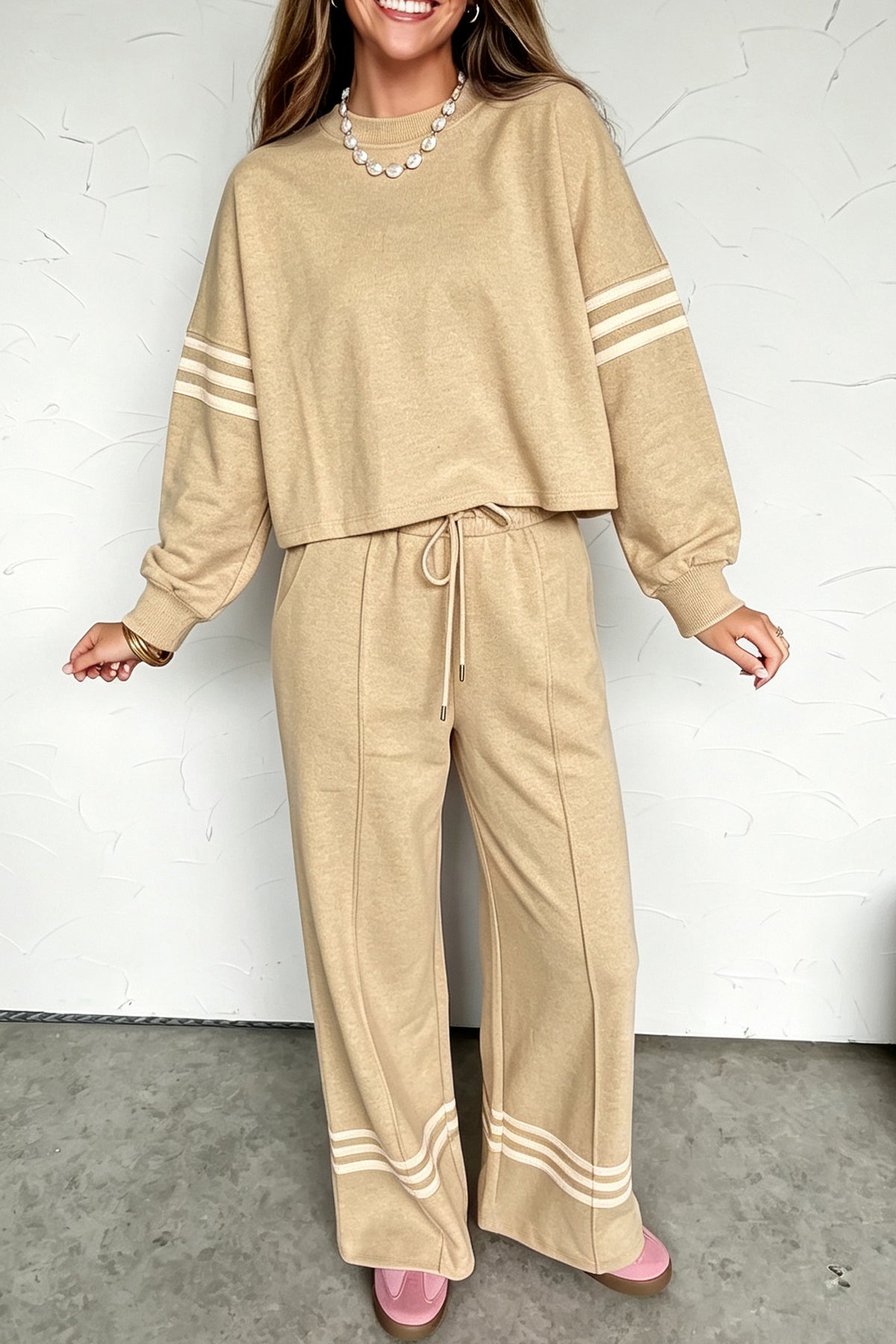 Parchment Contrast Stripe Top and Wide Leg Pants Set