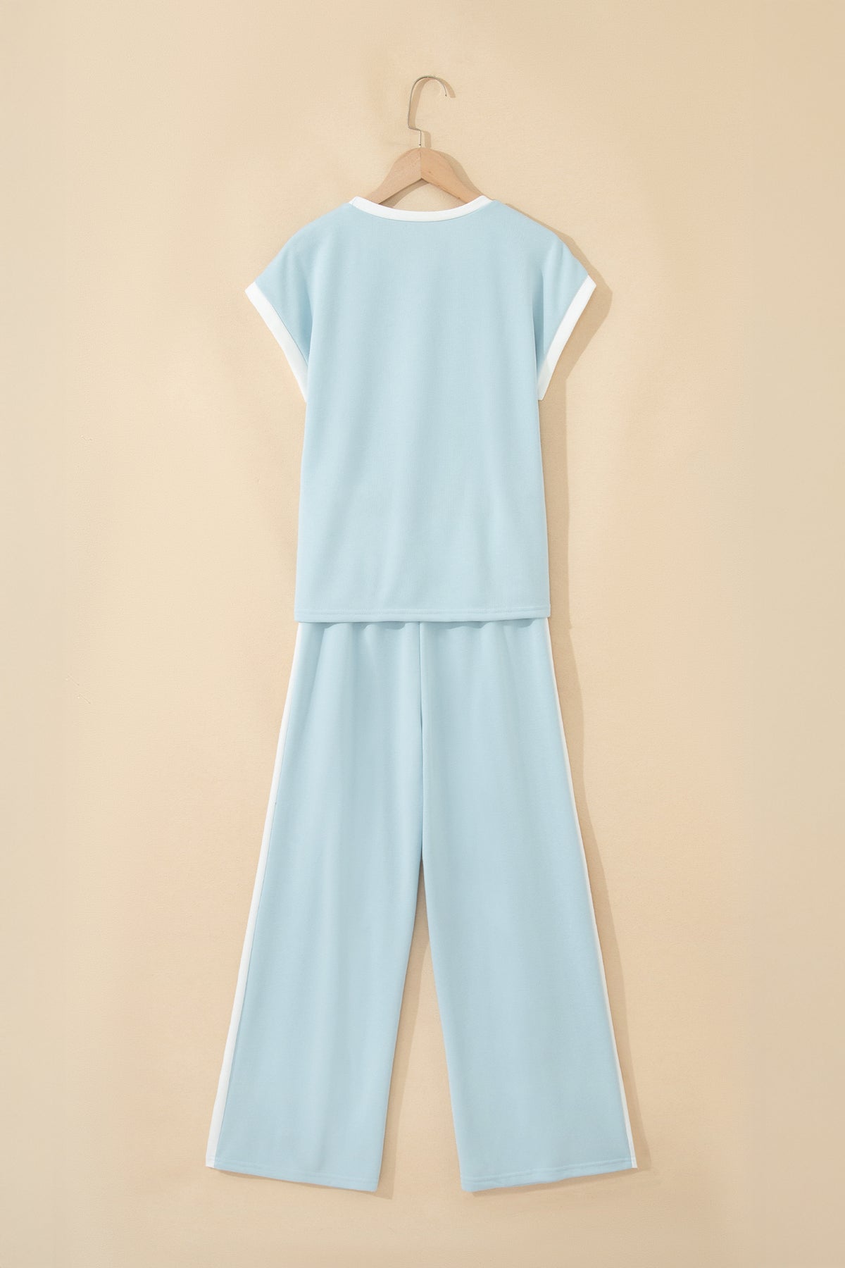 Women's Mist Blue Contrast Trim Round Neck Pocketed Boxy Tank Top Wide Leg Pants Two-Piece Set