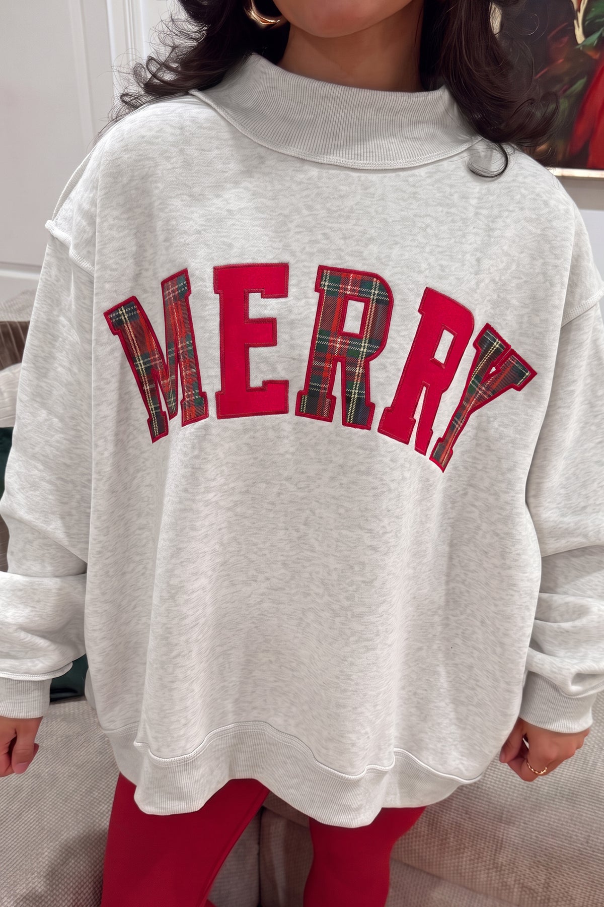 Blackish Green MERRY Embroidered Letter High Neck Tunic Sweatshirt